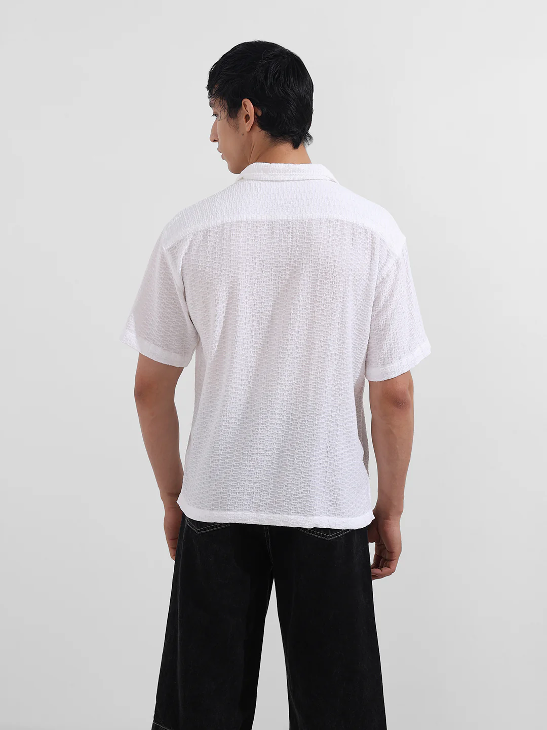 Men's White Relaxed Fit Resort Wear Textured Shirt - Image 6