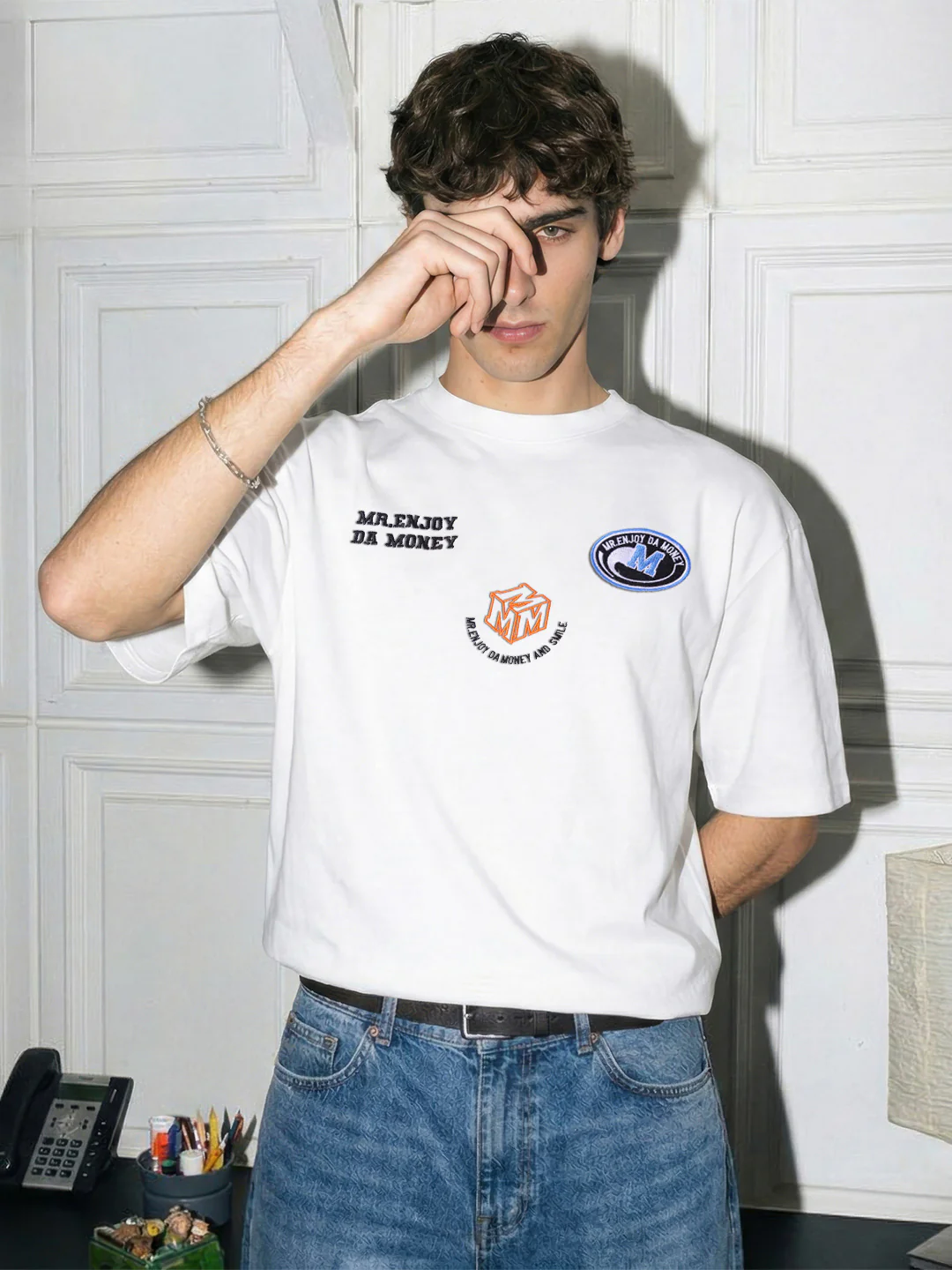 Men's White Relaxed Fit Embroidered Casual T-Shirt