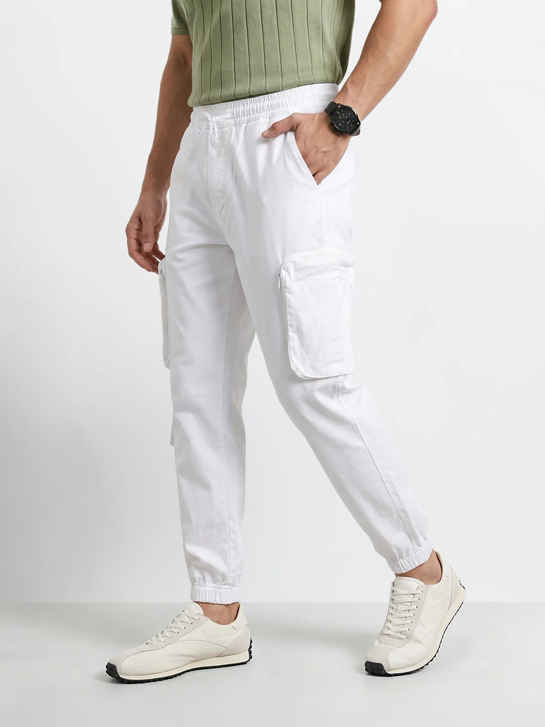 Men's White Relaxed Fit Solid Utility Cargo - Image 3