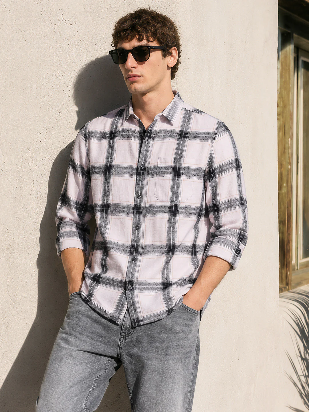 Men's White Slim Fit Checkered Casual Shirt