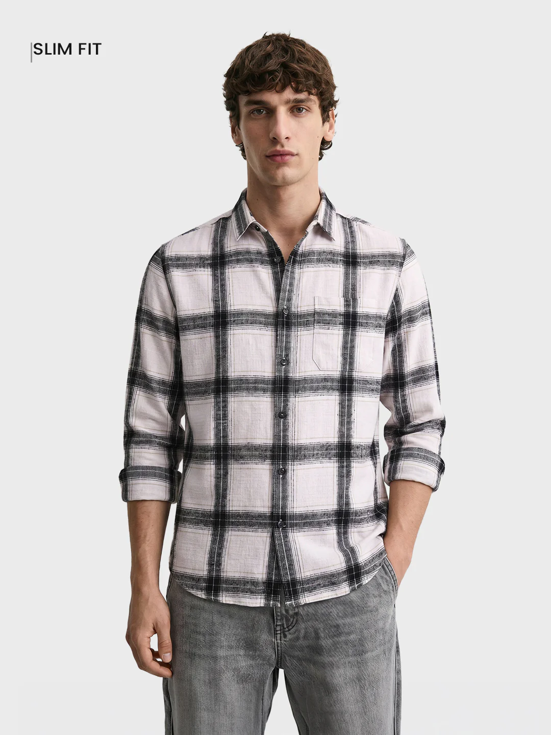 Men's White Slim Fit Checkered Casual Shirt - Image 2