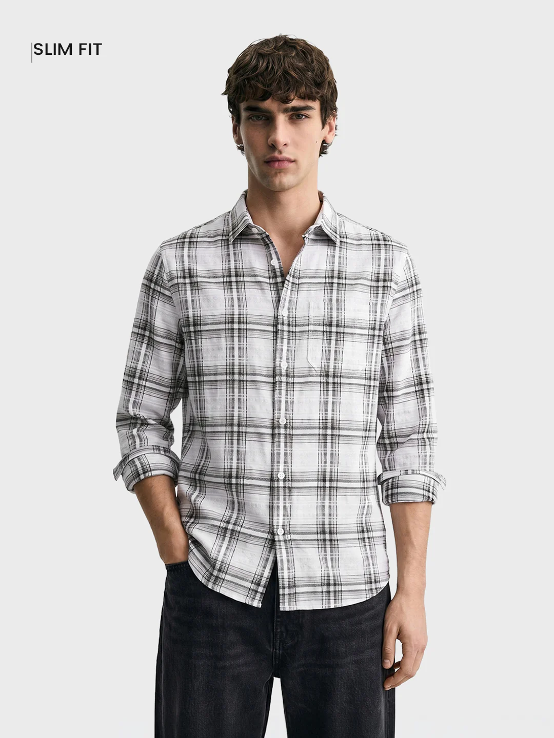 Men's White Slim Fit Checkered Casual Shirt - Image 2