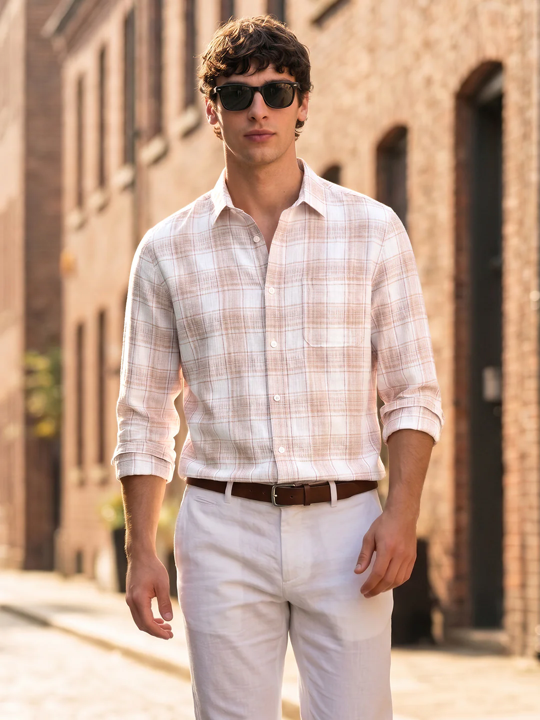 Men's White Slim Fit Checkered Casual Shirt