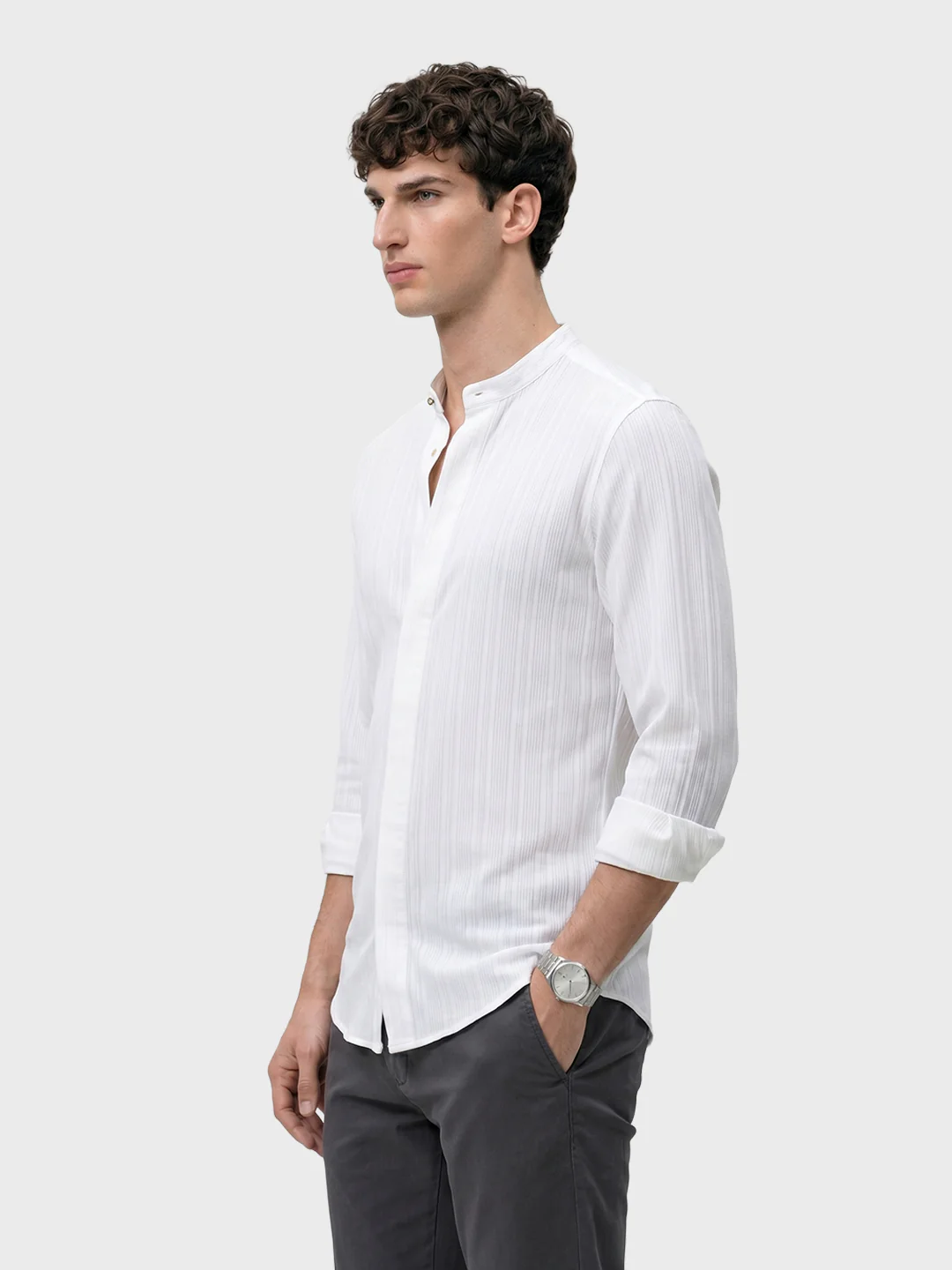 Men's White Slim Fit Solid Casual Shirt - Image 4