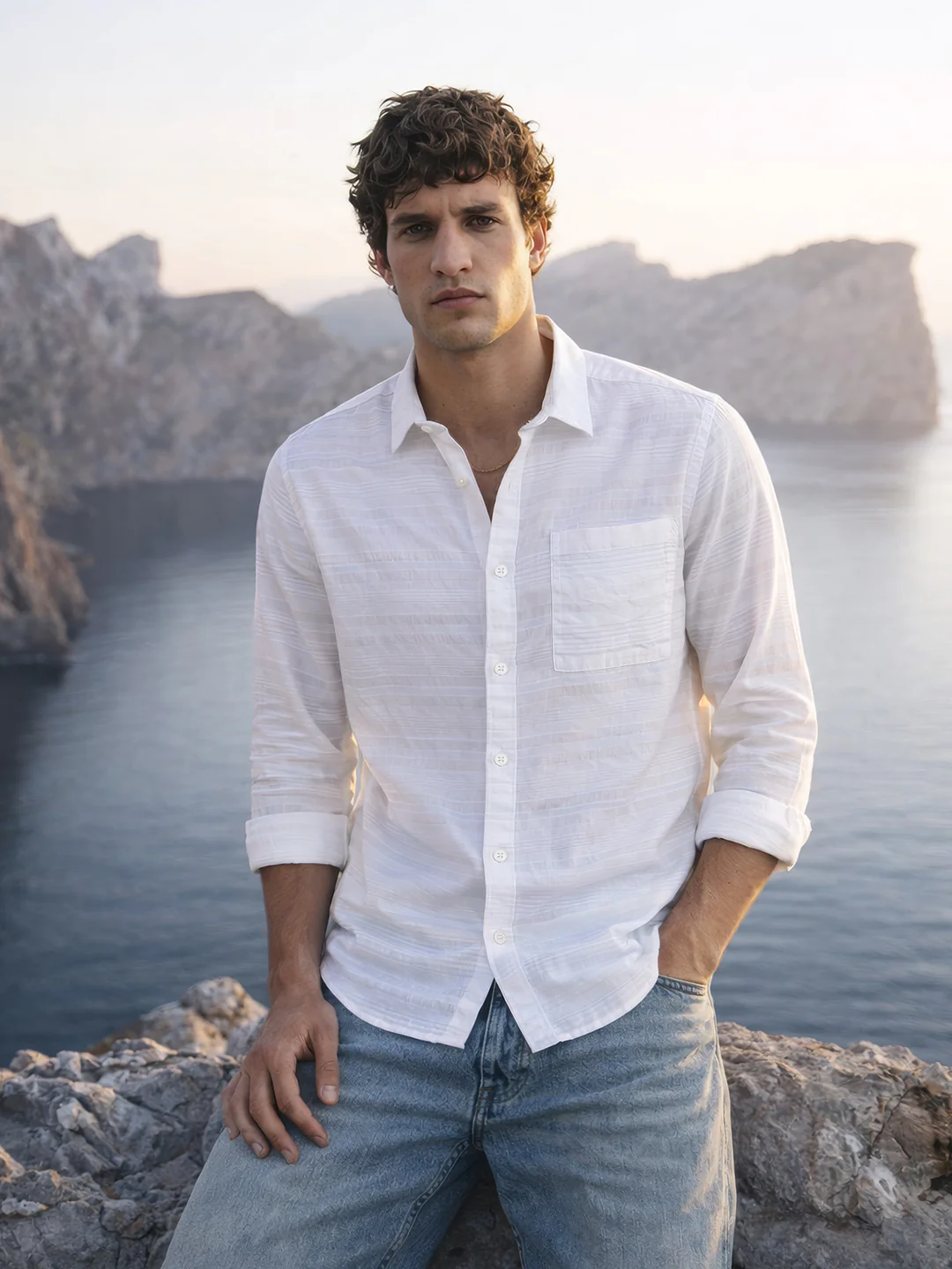 Men's White Slim Fit Striped Casual Shirt