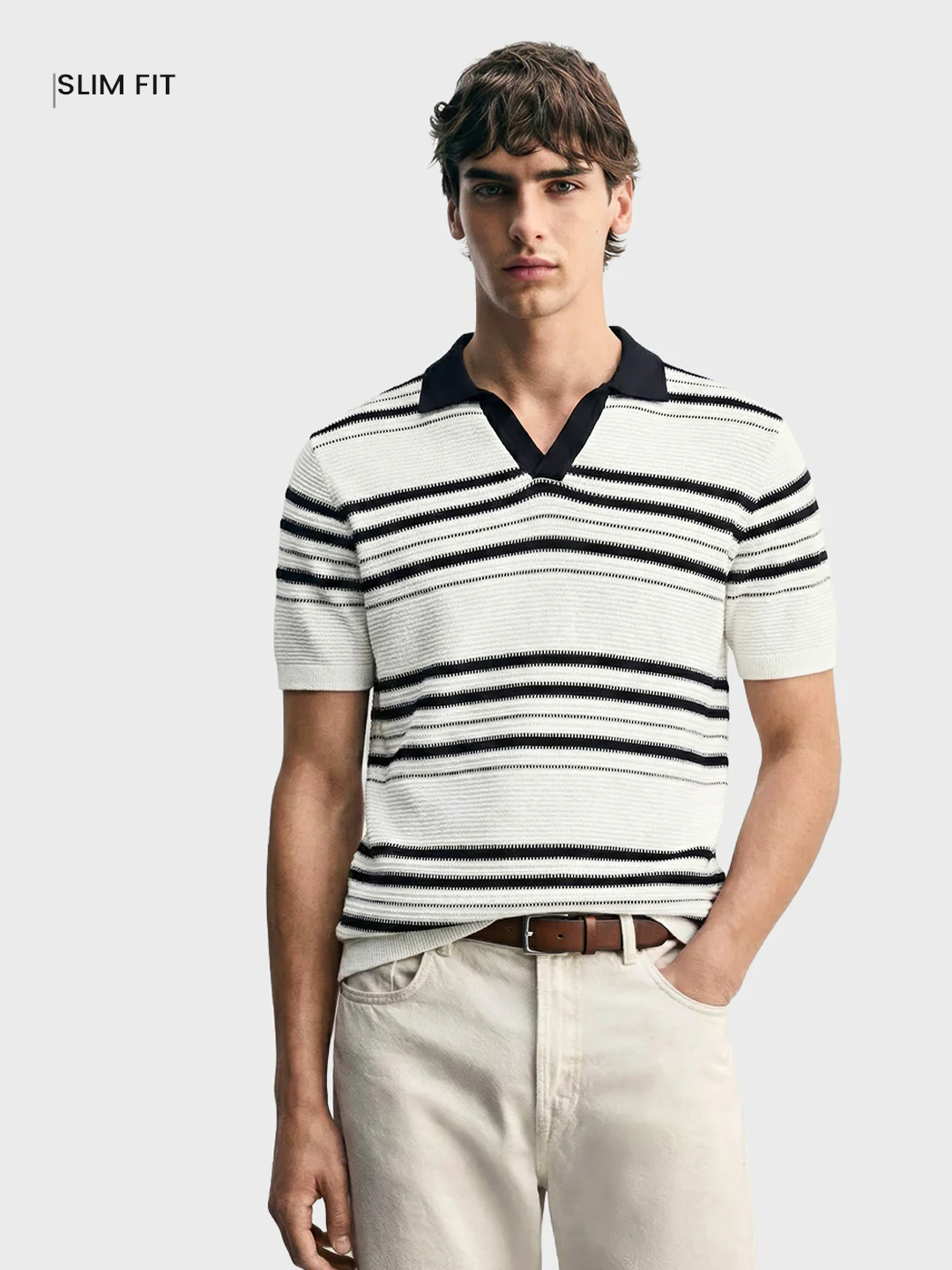 Men's White Slim Fit Striped Flat Knit Johnny Collar Polo T-Shirt - Image 2