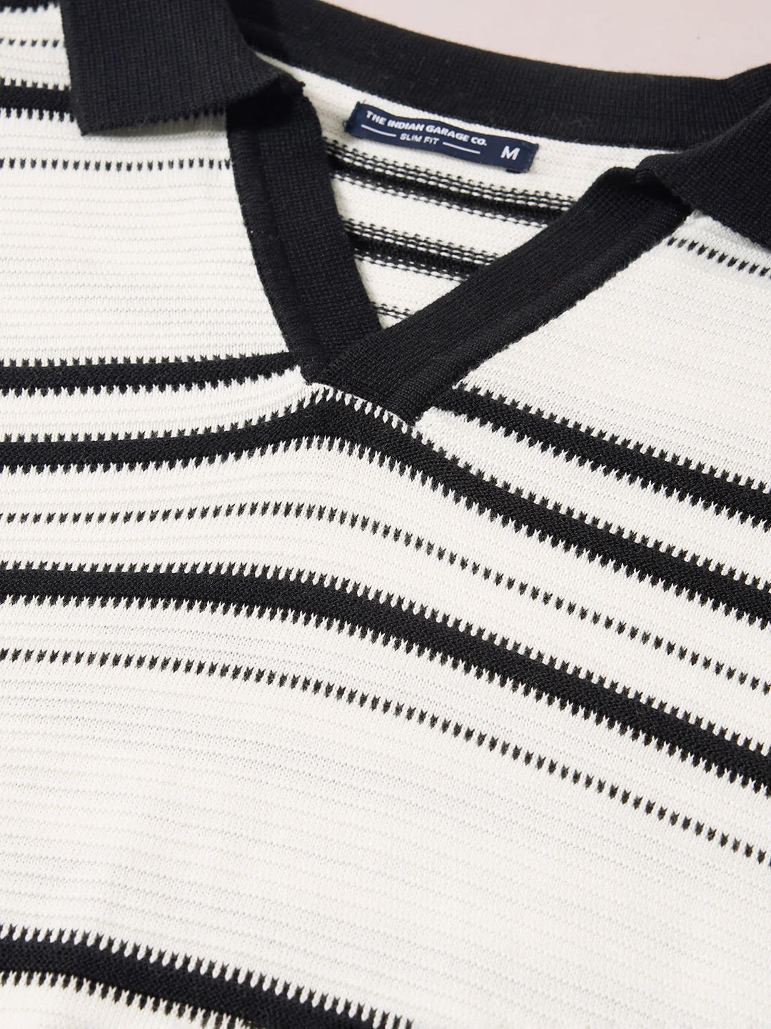 Men's White Slim Fit Striped Flat Knit Johnny Collar Polo T-Shirt - Image 3