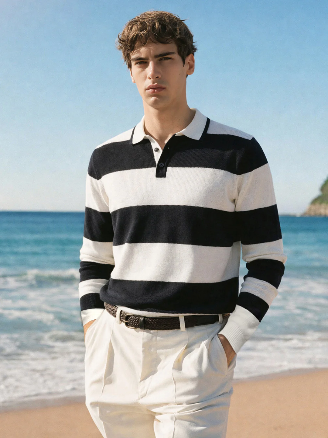 Men's White Slim Fit Striped Flat Knit Polo T-Shirt