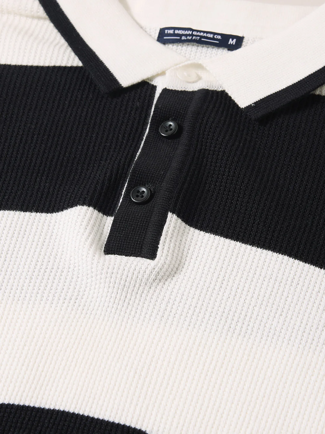 Men's White Slim Fit Striped Flat Knit Polo T-Shirt - Image 3