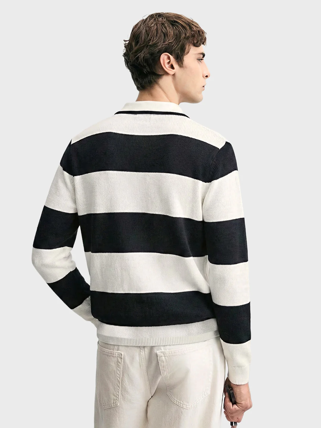 Men's White Slim Fit Striped Flat Knit Polo T-Shirt - Image 4