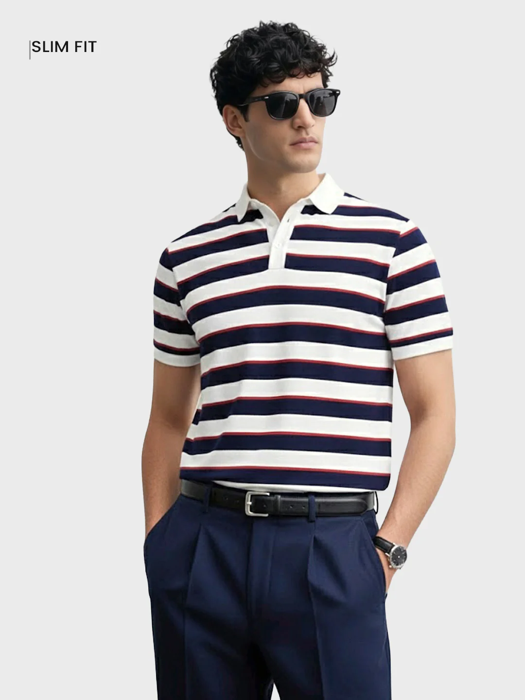 Men's White Slim Fit Striped Flat Knit Polo T-Shirt - Image 2