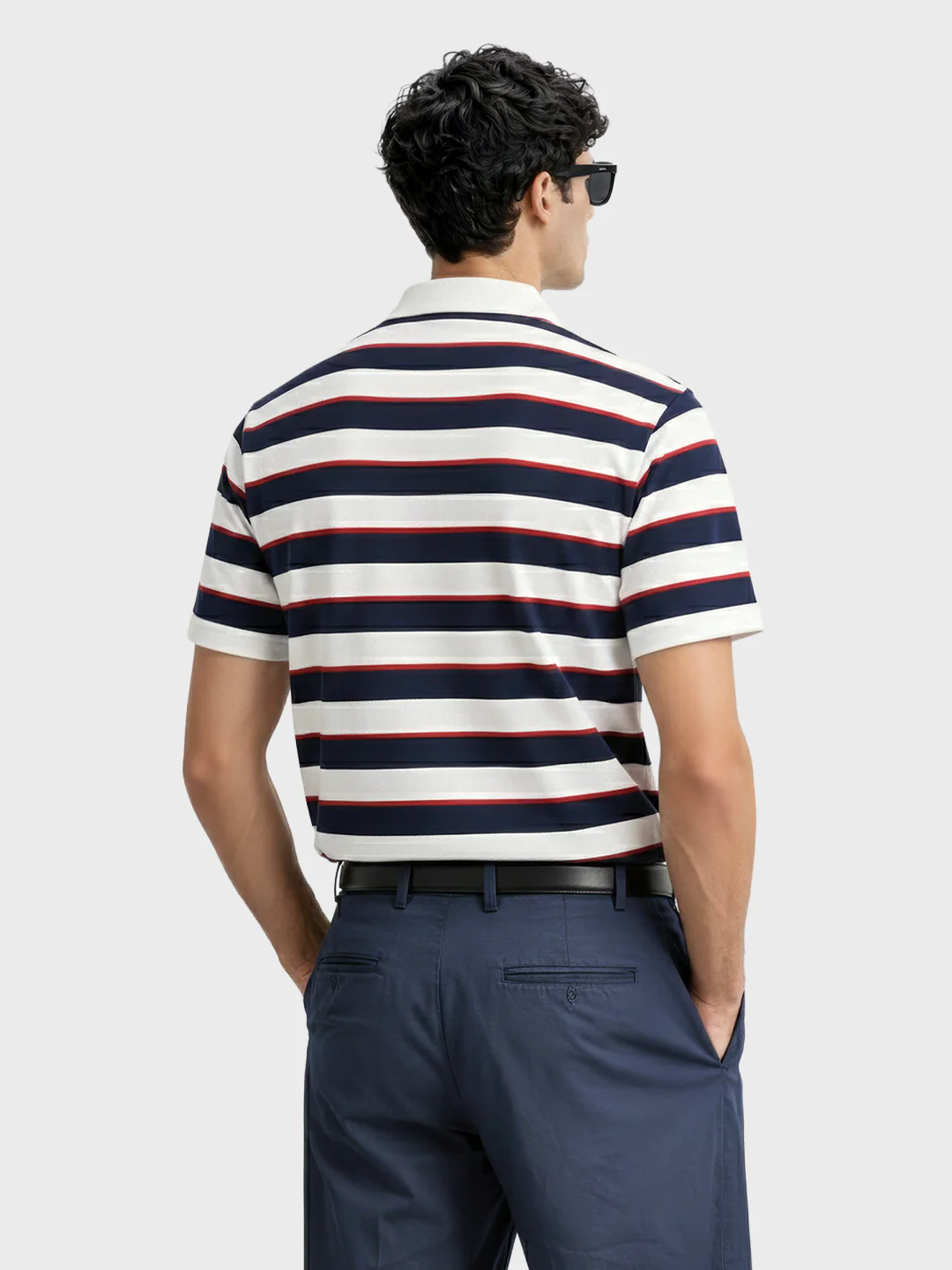 Men's White Slim Fit Striped Flat Knit Polo T-Shirt - Image 4