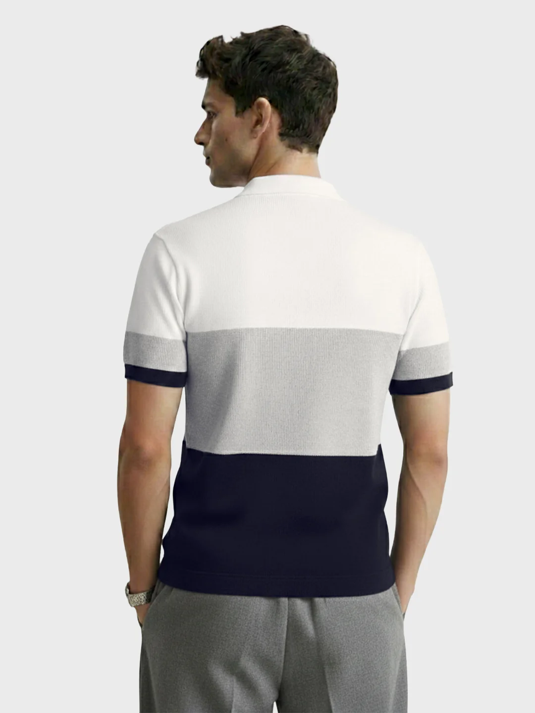 Men's White Slim Fit Striped Flat Knit Polo T-Shirt - Image 4