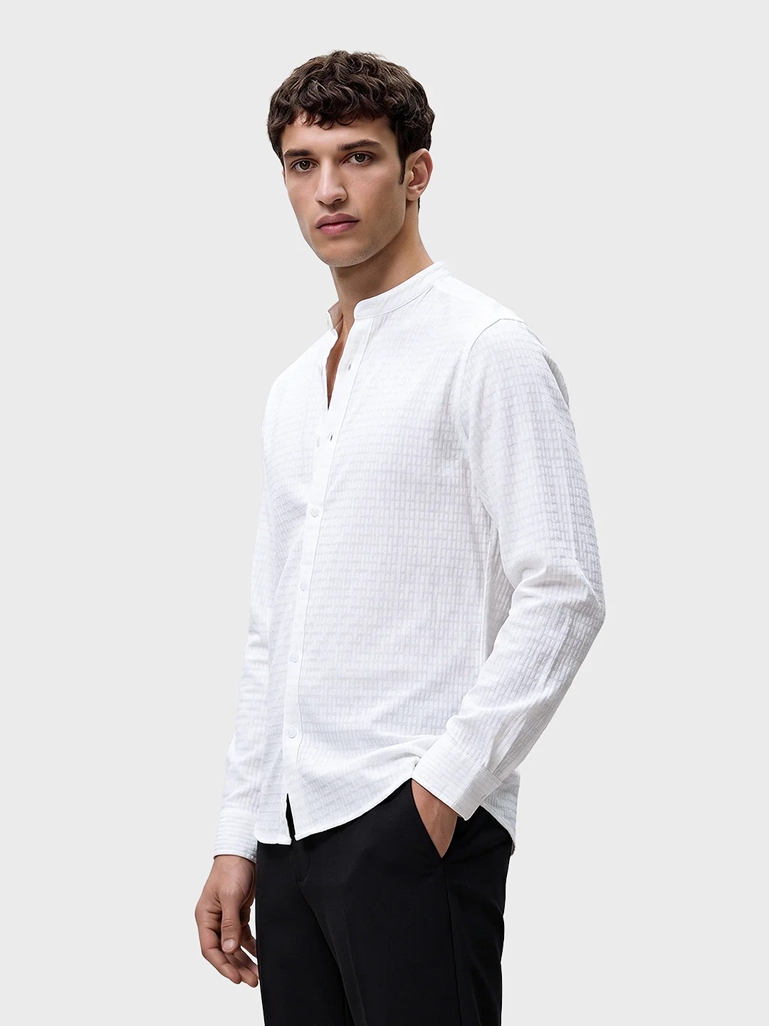 Men's White Slim Fit Textured Party Wear Shirt - Image 3