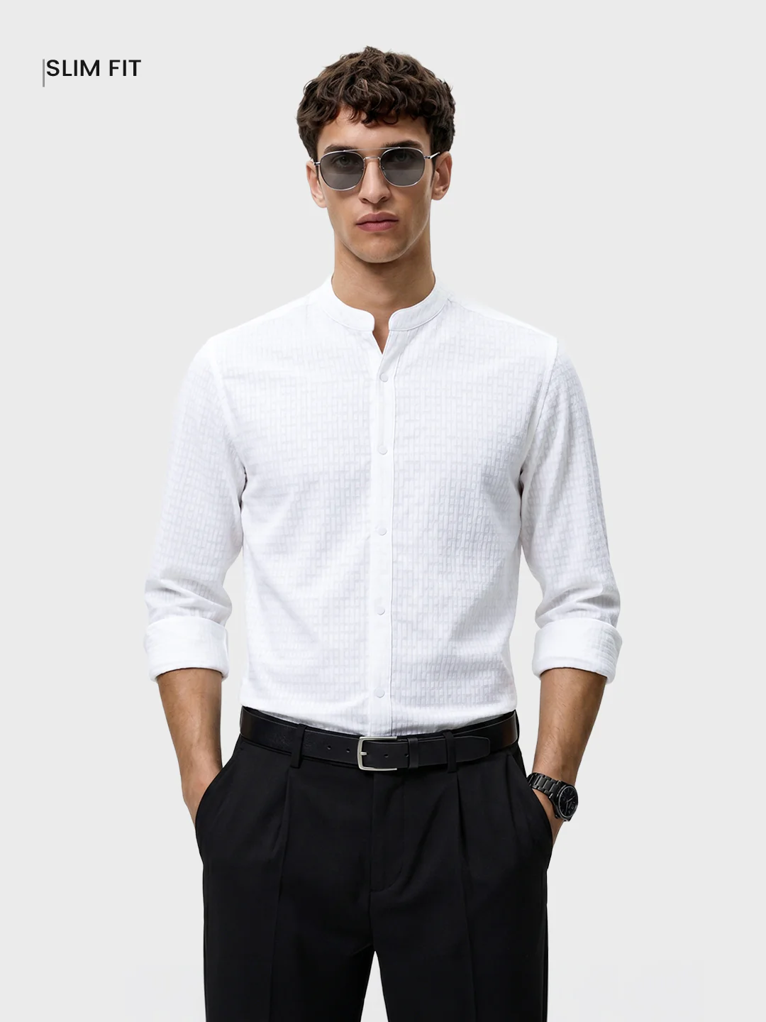Men's White Slim Fit Textured Party Wear Shirt - Image 5