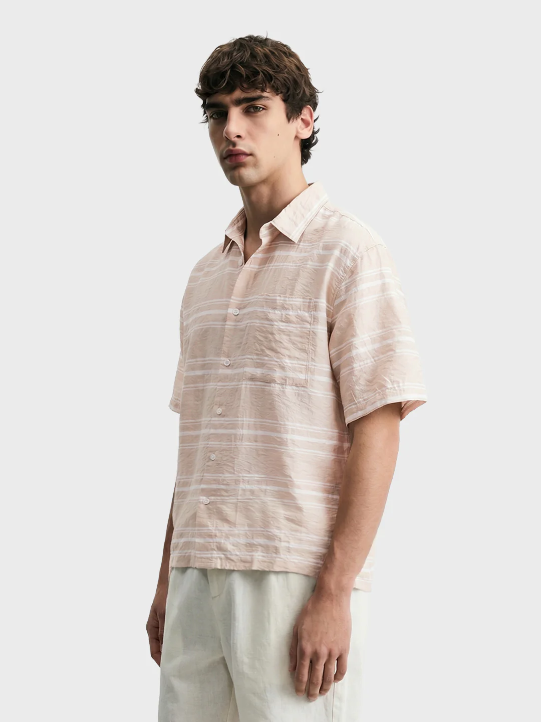 Men's Cream Boxy Fit Striped Resort Wear Shirt - Image 4