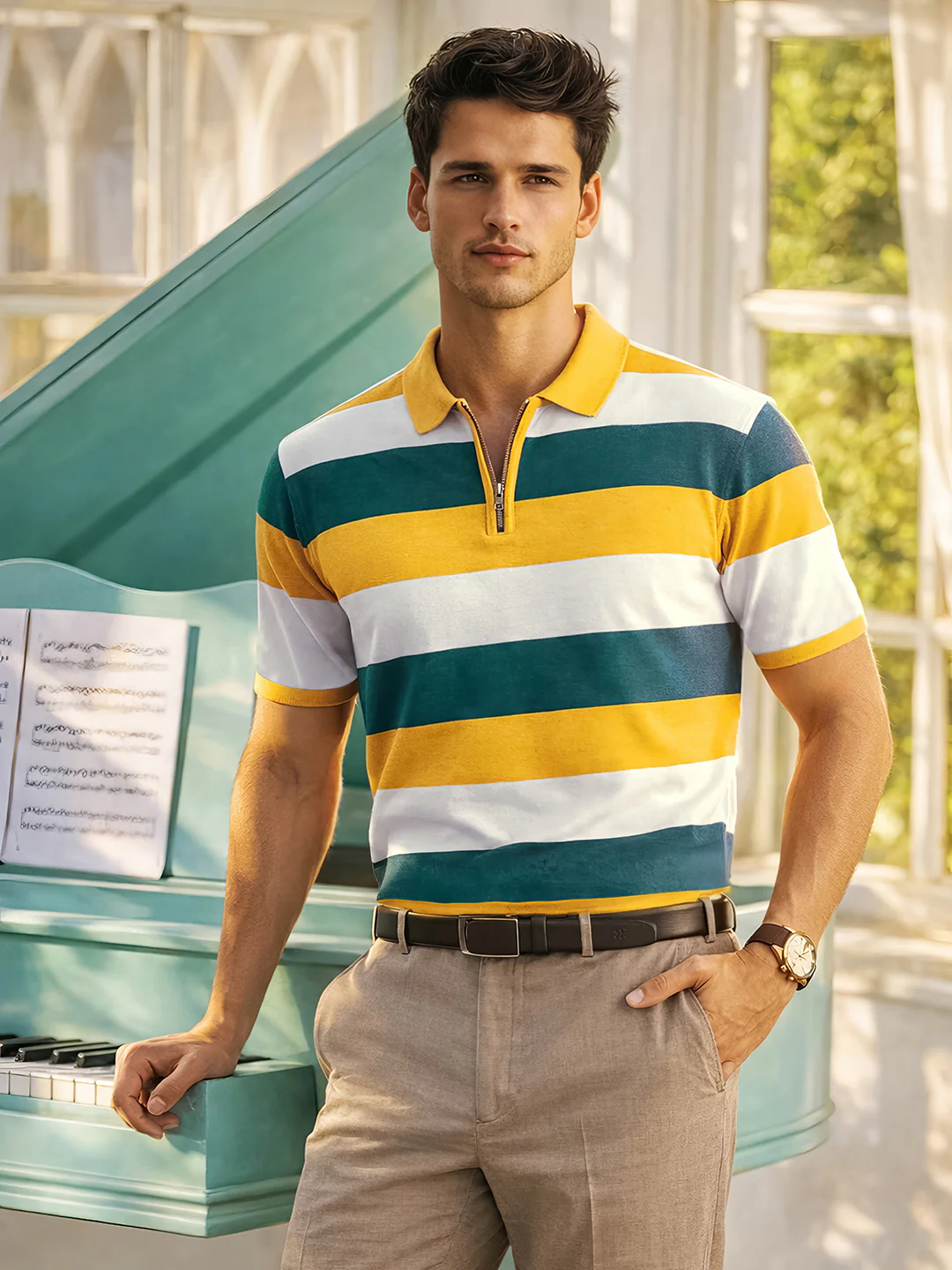 Men's Yellow Oversized Fit Textured Flat Knit Polo T-Shirt