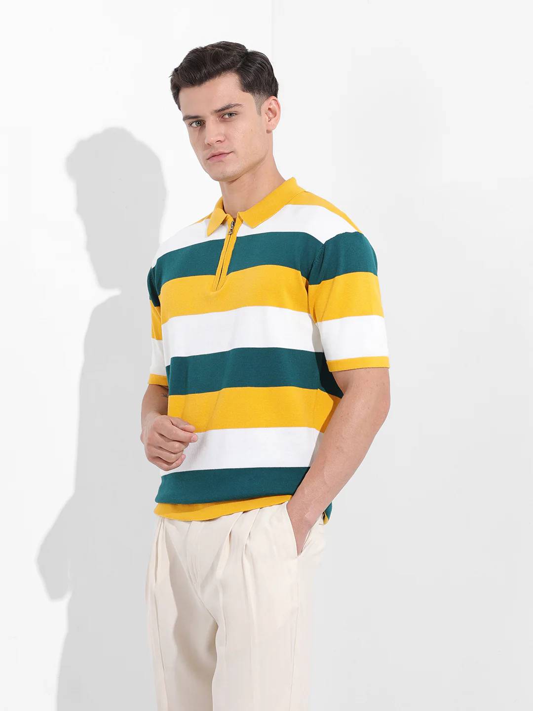 Men's Yellow Oversized Fit Textured Flat Knit Polo T-Shirt - Image 3