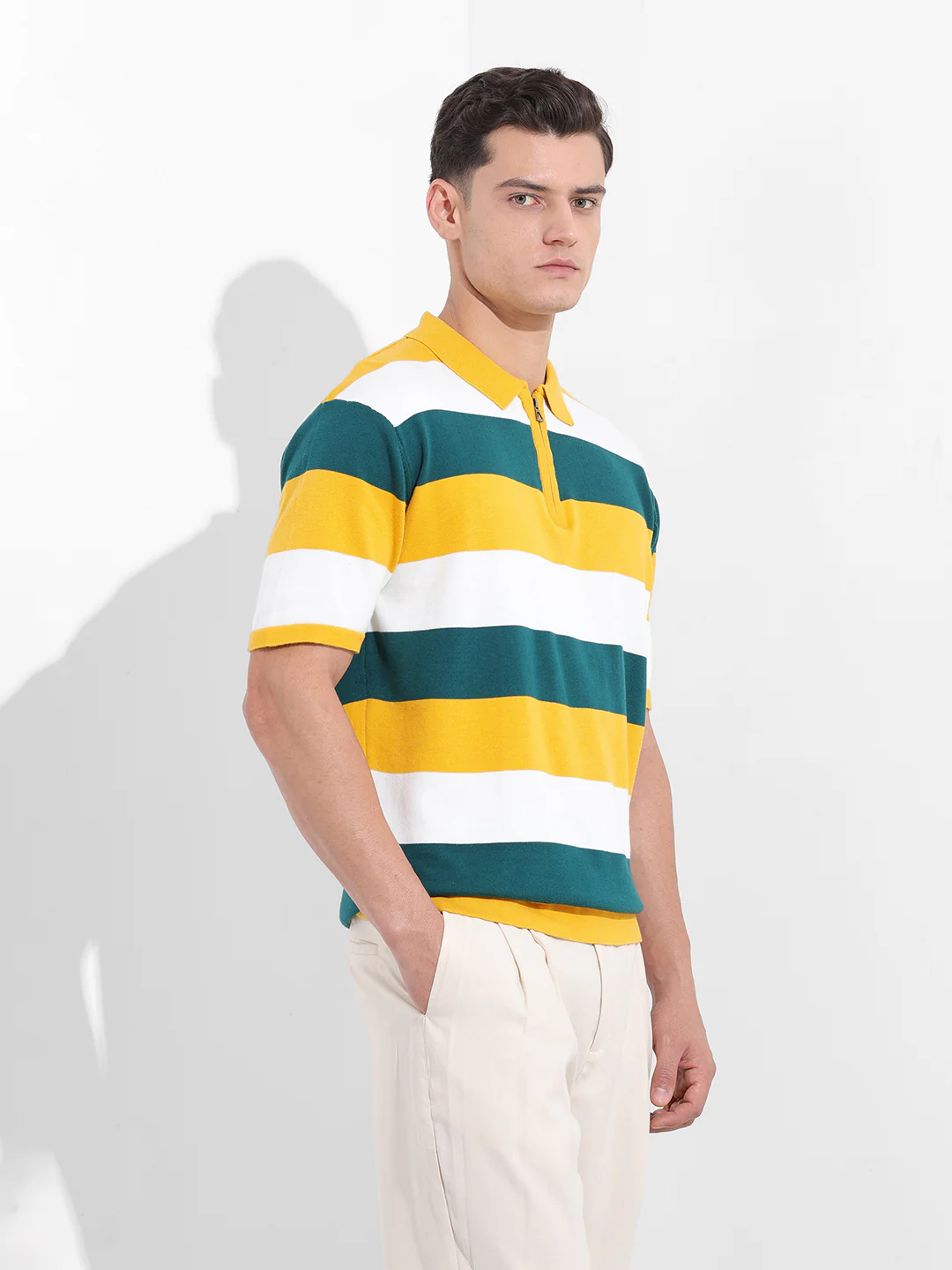 Men's Yellow Oversized Fit Textured Flat Knit Polo T-Shirt - Image 4