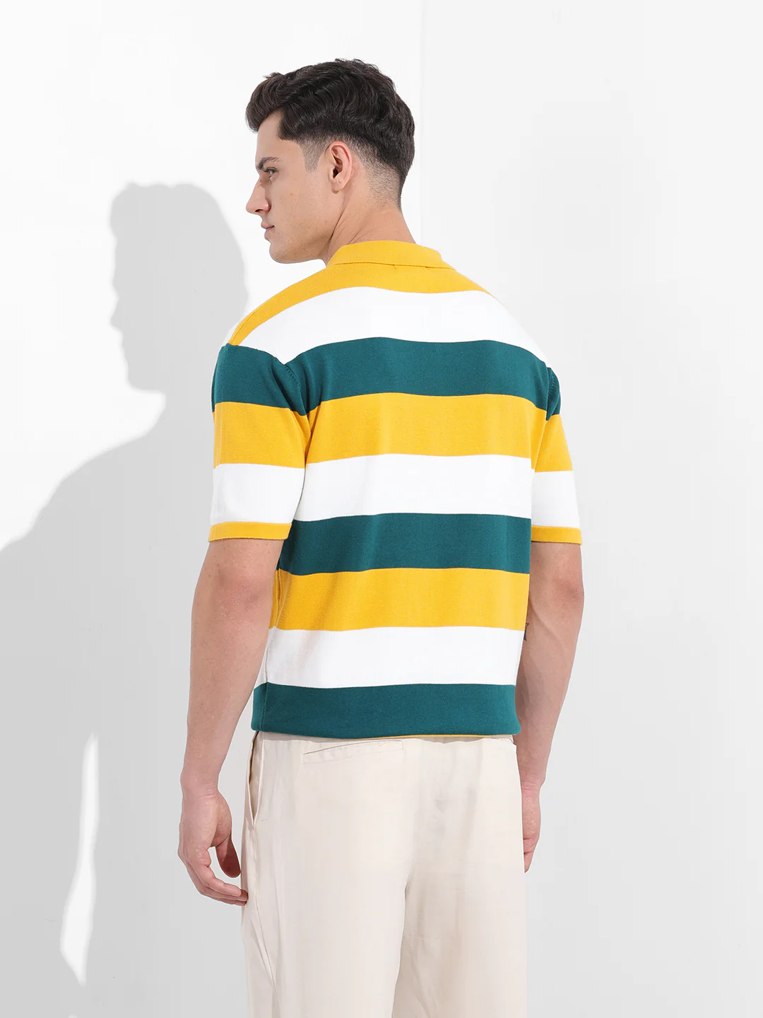 Men's Yellow Oversized Fit Textured Flat Knit Polo T-Shirt - Image 5