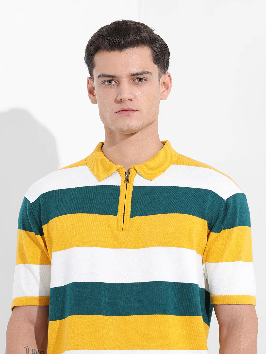 Men's Yellow Oversized Fit Textured Flat Knit Polo T-Shirt - Image 6