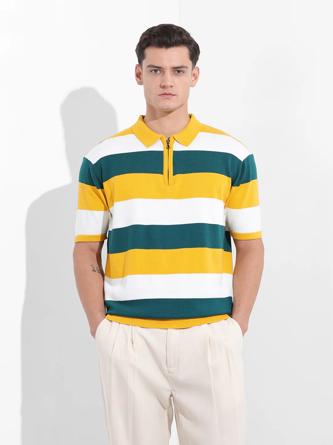 Men's Yellow Oversized Fit Textured Flat Knit Polo T-Shirt - Image 8