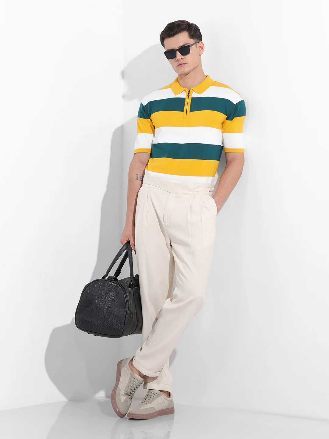 Men's Yellow Oversized Fit Textured Flat Knit Polo T-Shirt - Image 9