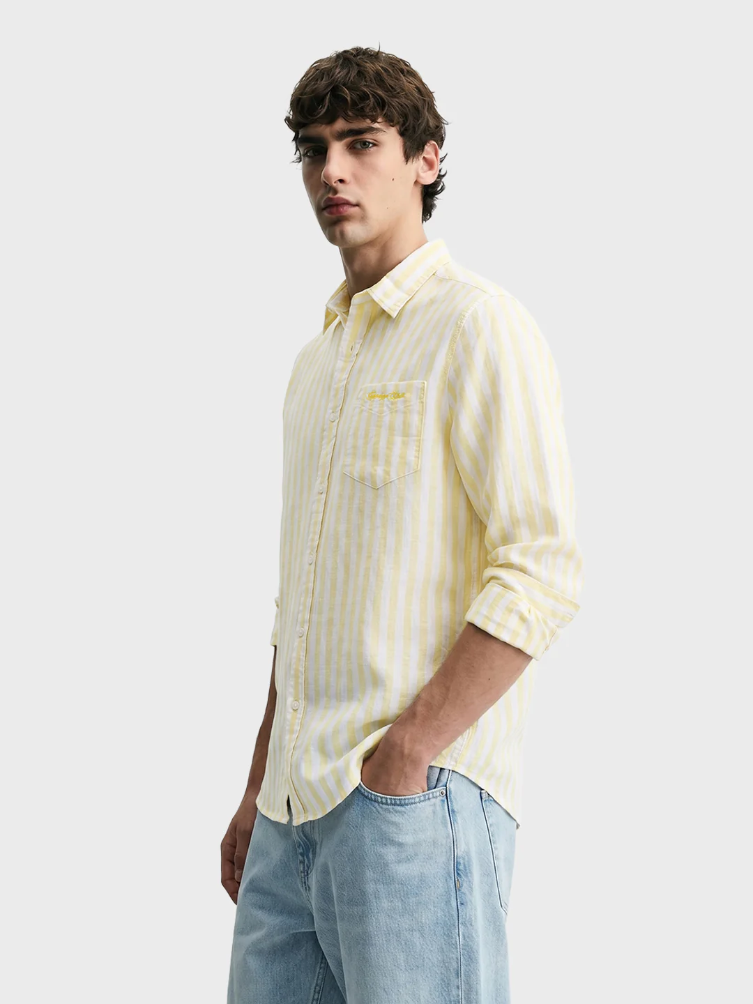 Men's Yellow Regular Fit Embroidered Casual Shirt - Image 4