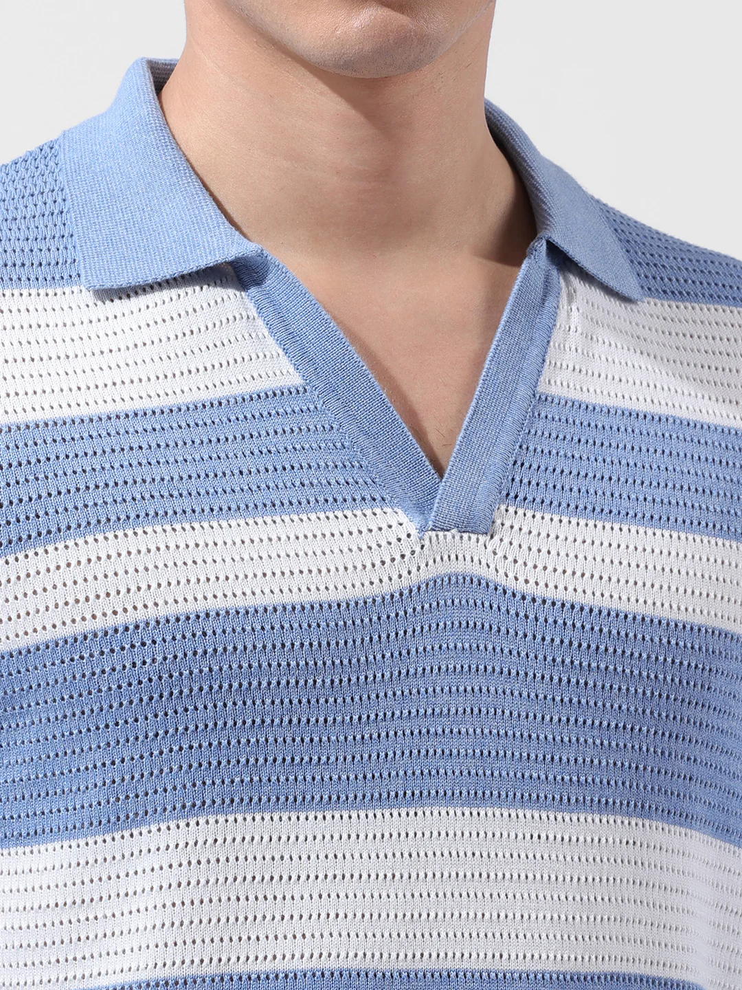 Men's Blue Slim Fit Striped Flat Knit Polo Polo T-Shirt - Image 3