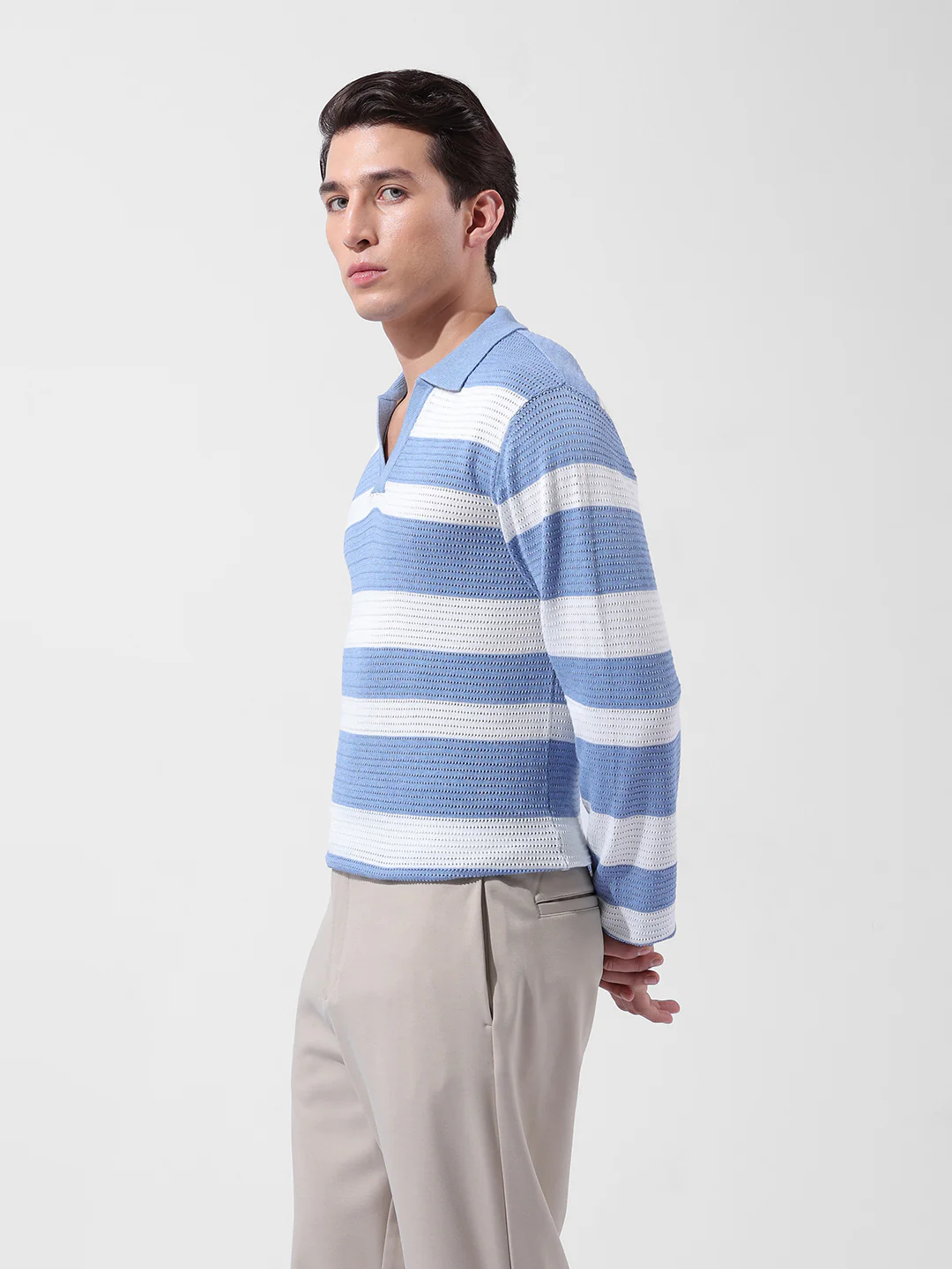 Men's Blue Slim Fit Striped Flat Knit Polo Polo T-Shirt - Image 4