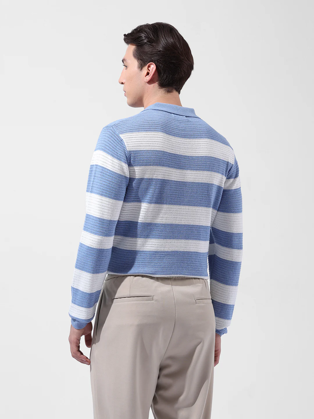 Men's Blue Slim Fit Striped Flat Knit Polo Polo T-Shirt - Image 5