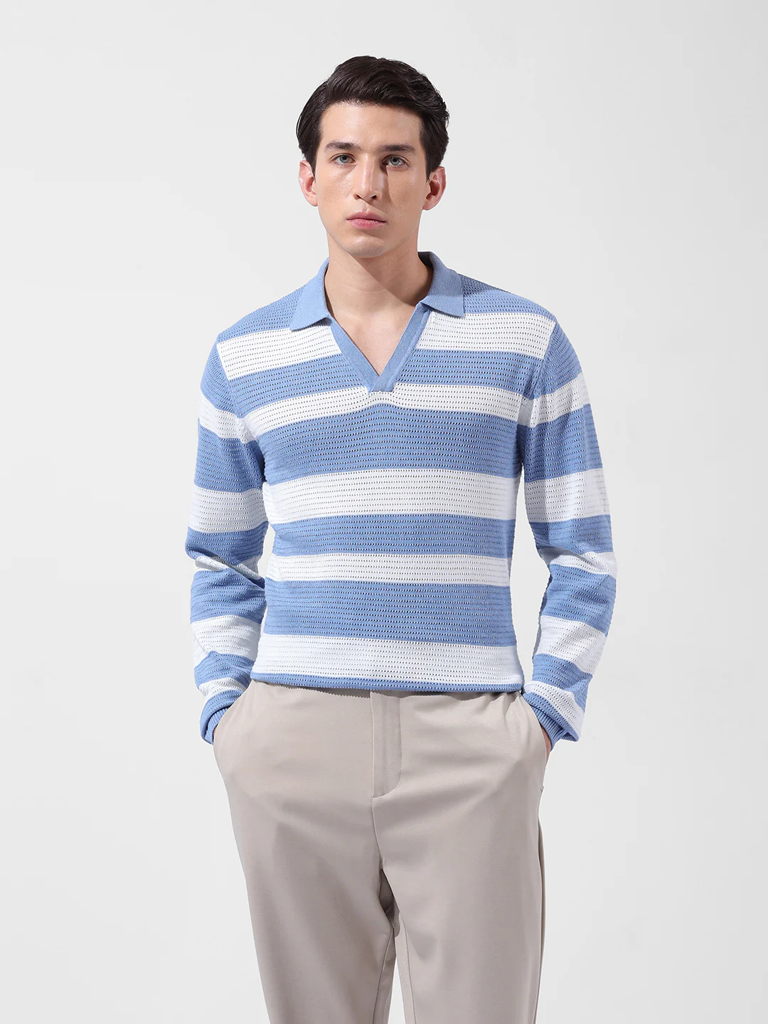 Men's Blue Slim Fit Striped Flat Knit Polo Polo T-Shirt - Image 7