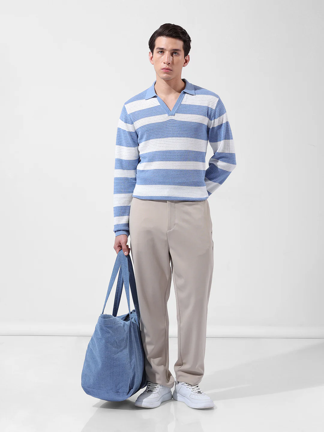 Men's Blue Slim Fit Striped Flat Knit Polo Polo T-Shirt - Image 8
