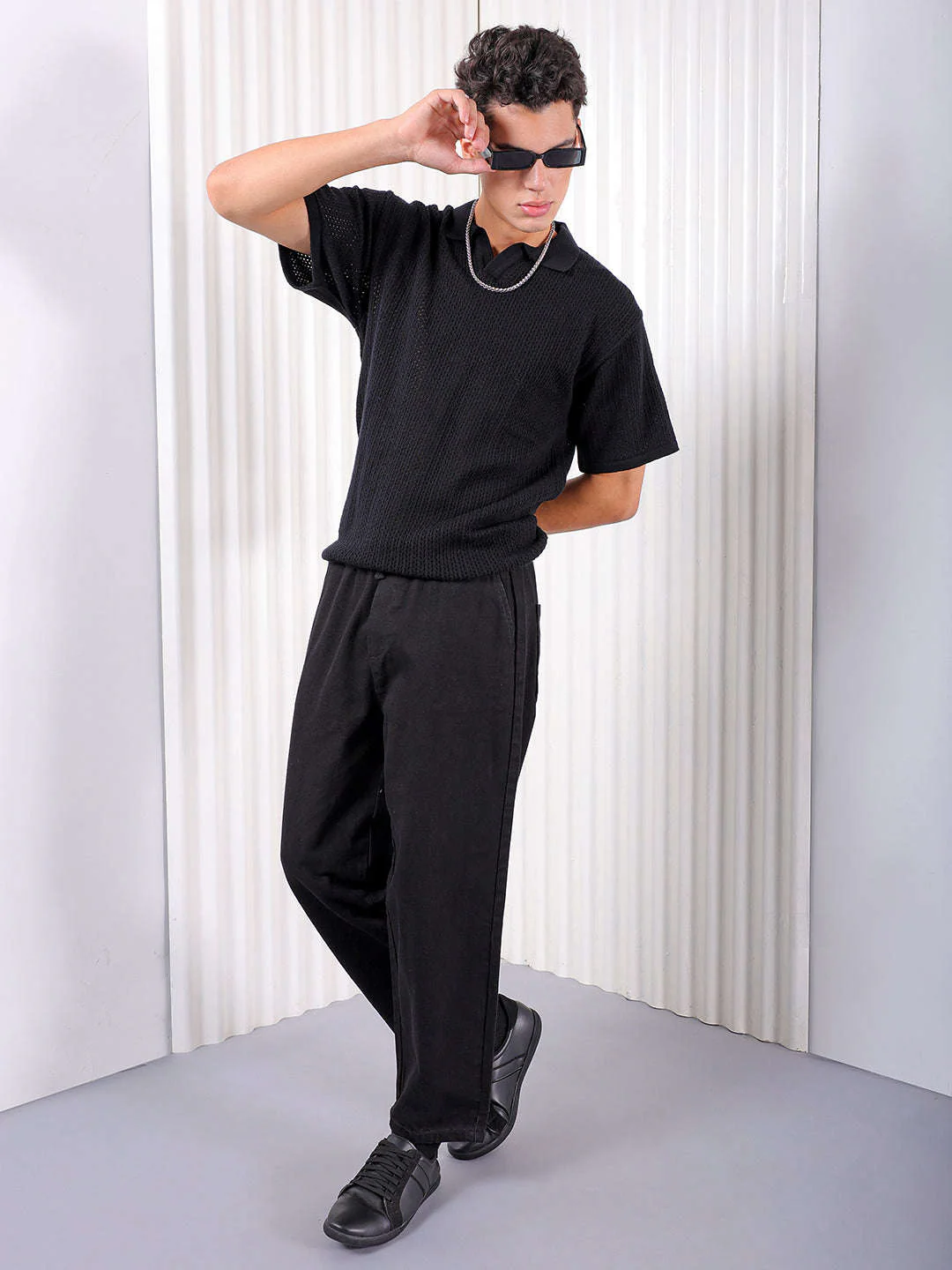 Men's Black Loose Fit Solid Street Wear Jeans