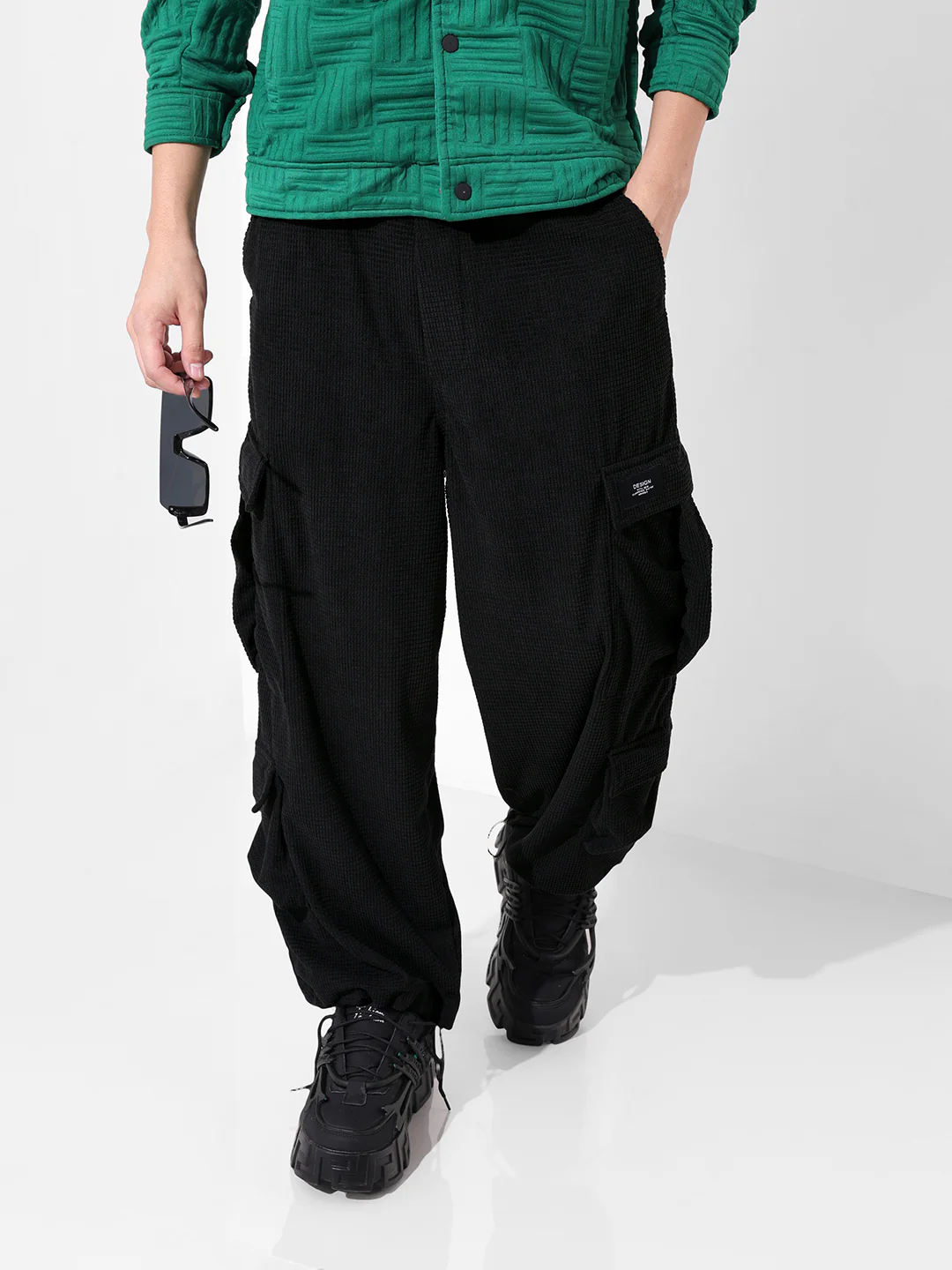 Men's Black Wide Leg Fit Textured Utility Cargo