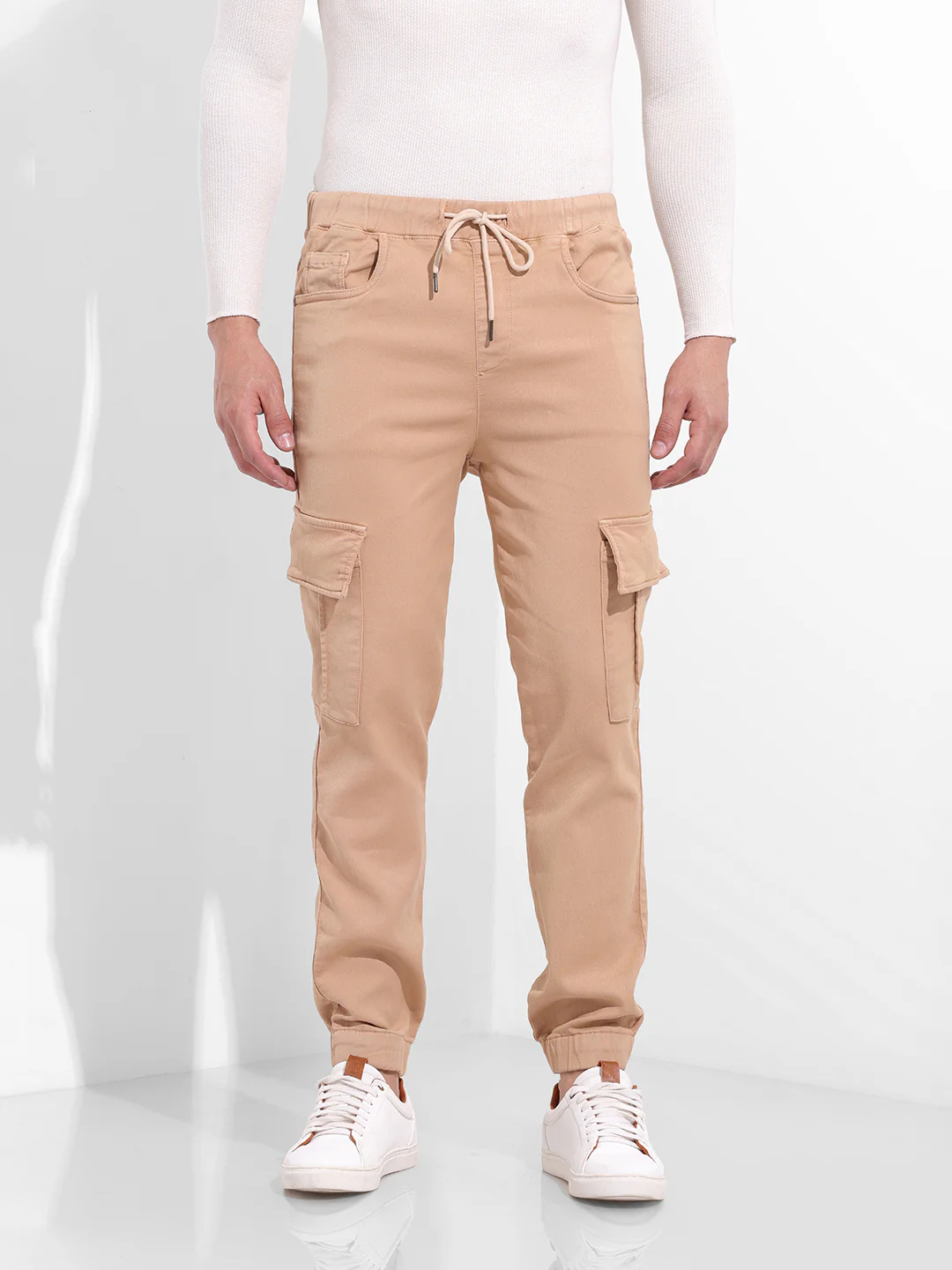 Men's Beige Regular Fit Solid Utility Jeans