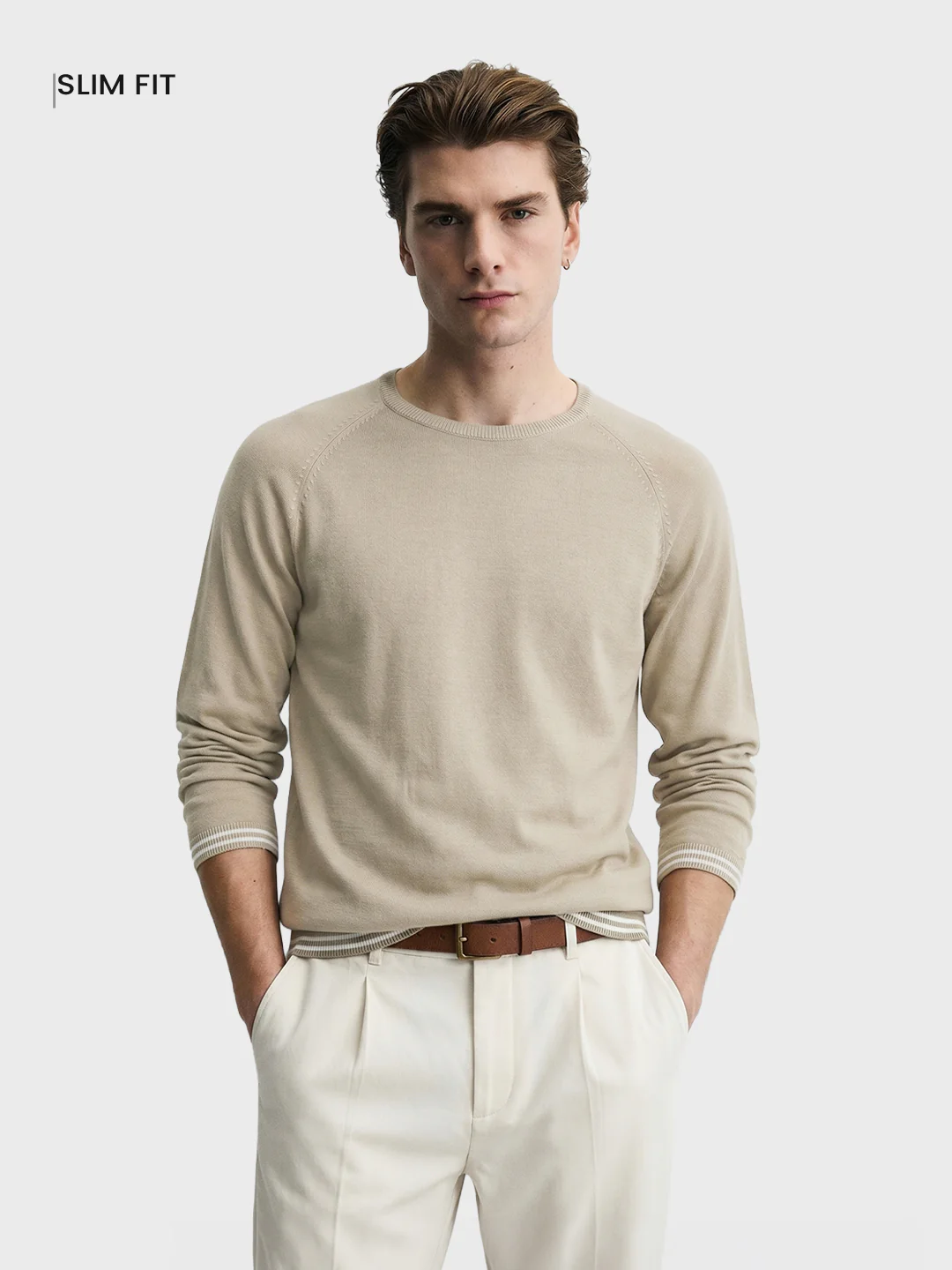 Men's Beige Slim Fit Solid Flat Knit T-Shirt - Image 2