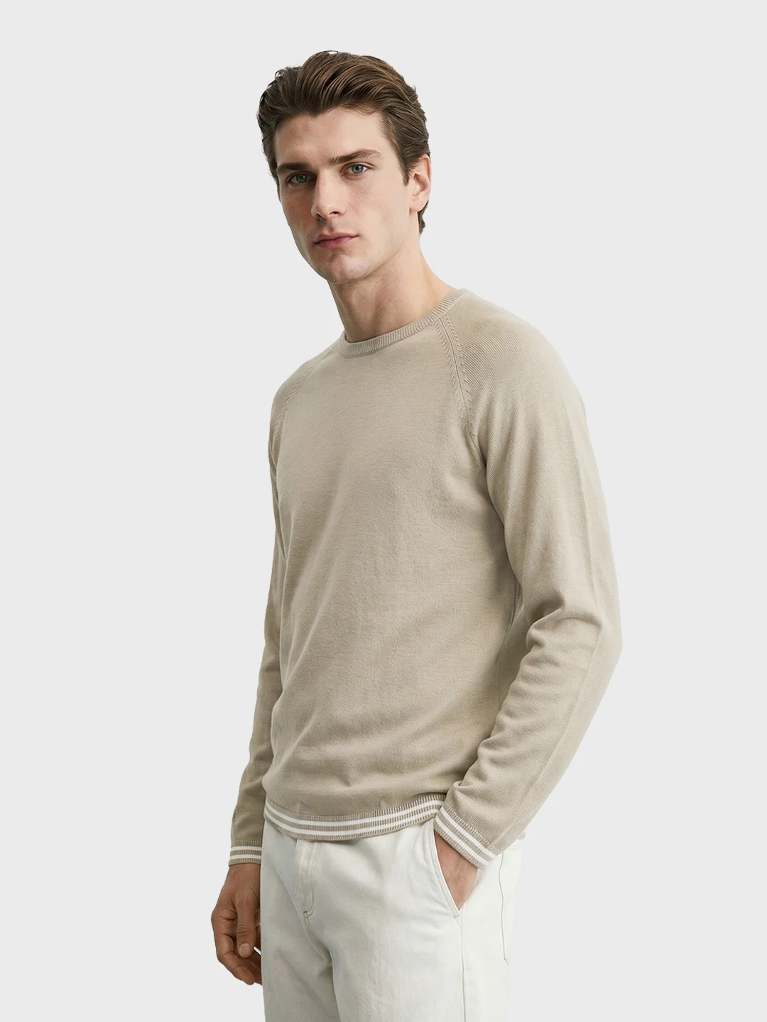 Men's Beige Slim Fit Solid Flat Knit T-Shirt - Image 4