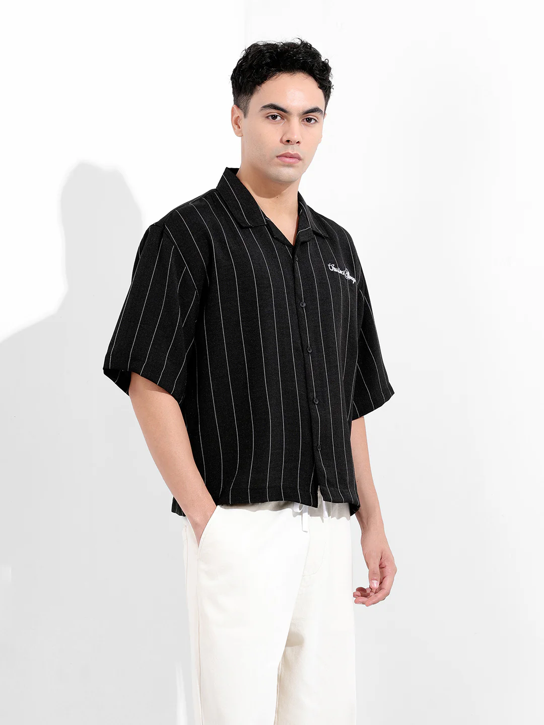 Men's Black Boxy Fit Embroided Casual Shirt - Image 3