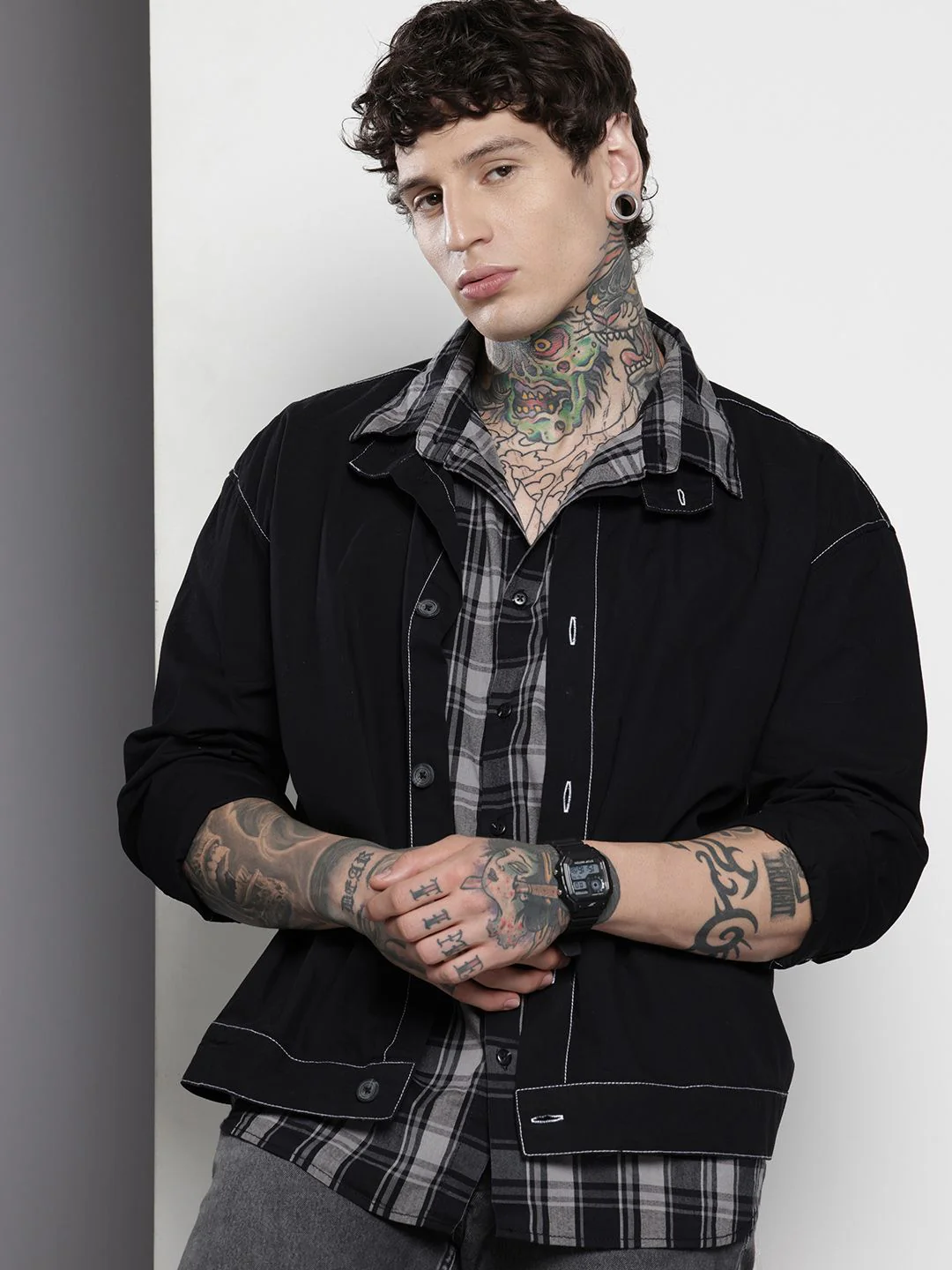 Men's Black Boxy Fit Solid Korean Street Shirt