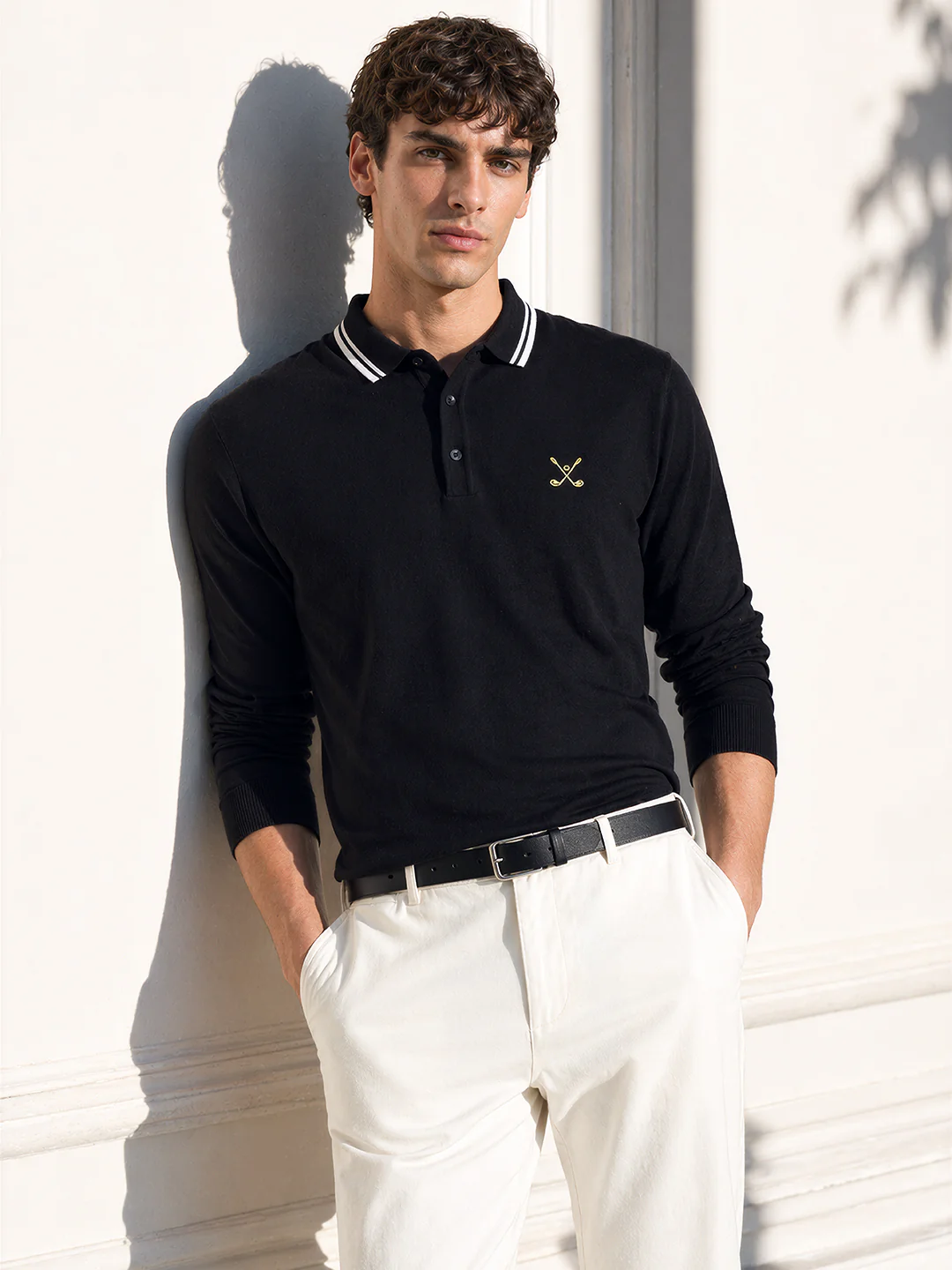 Men's Black Slim Fit Textured Flat Knit Polo T-Shirt