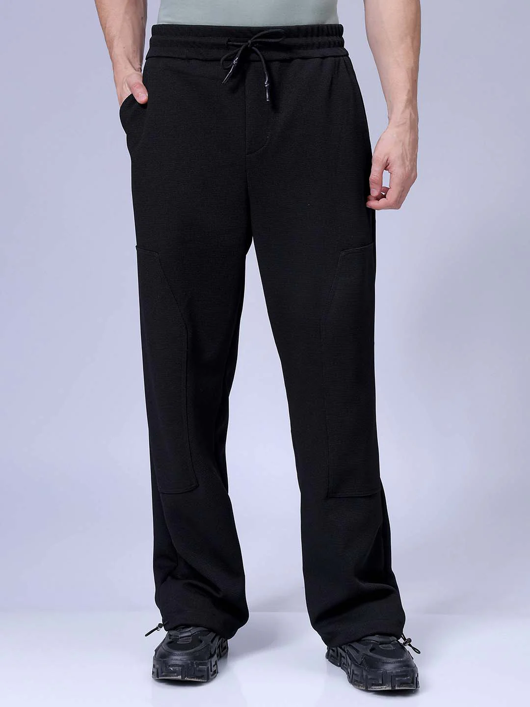 Men's Black Wide Leg Fit Textured Utility Trouser