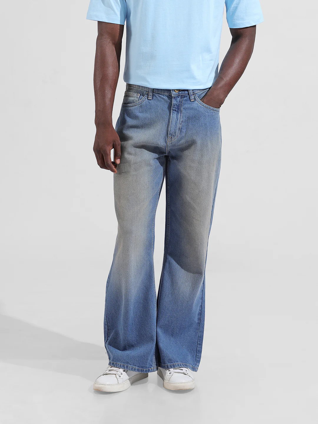 Men's Blue Loose Fit Solid Retro Wear Jeans