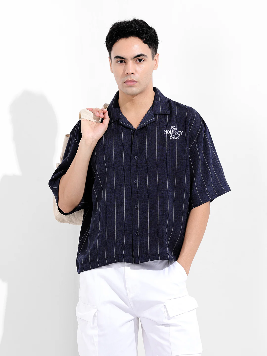 Men's Navy Blue Boxy Fit Embroided Casual Shirt - Image 2