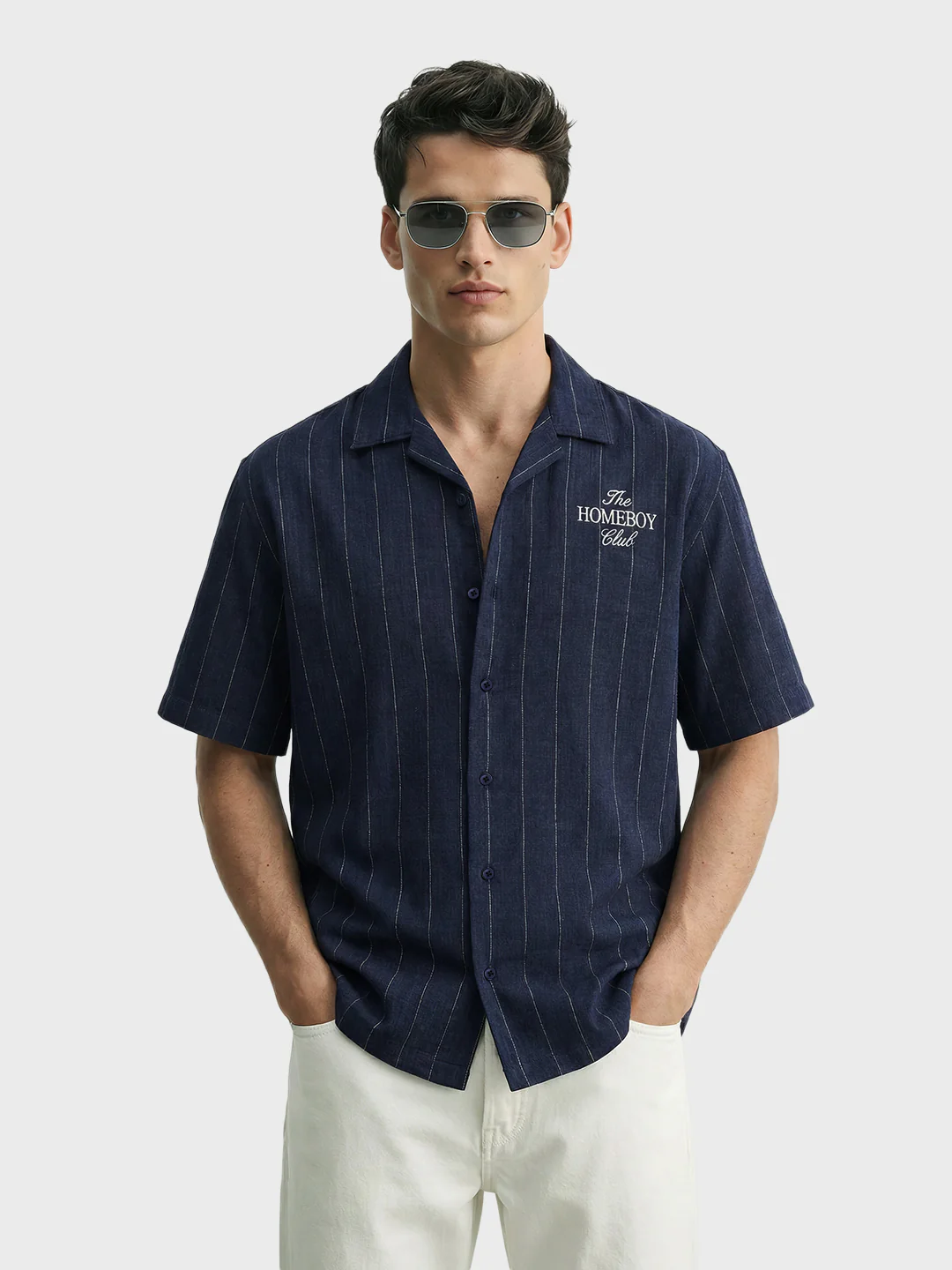 Men's Navy Blue Boxy Fit Embroided Casual Shirt - Image 3