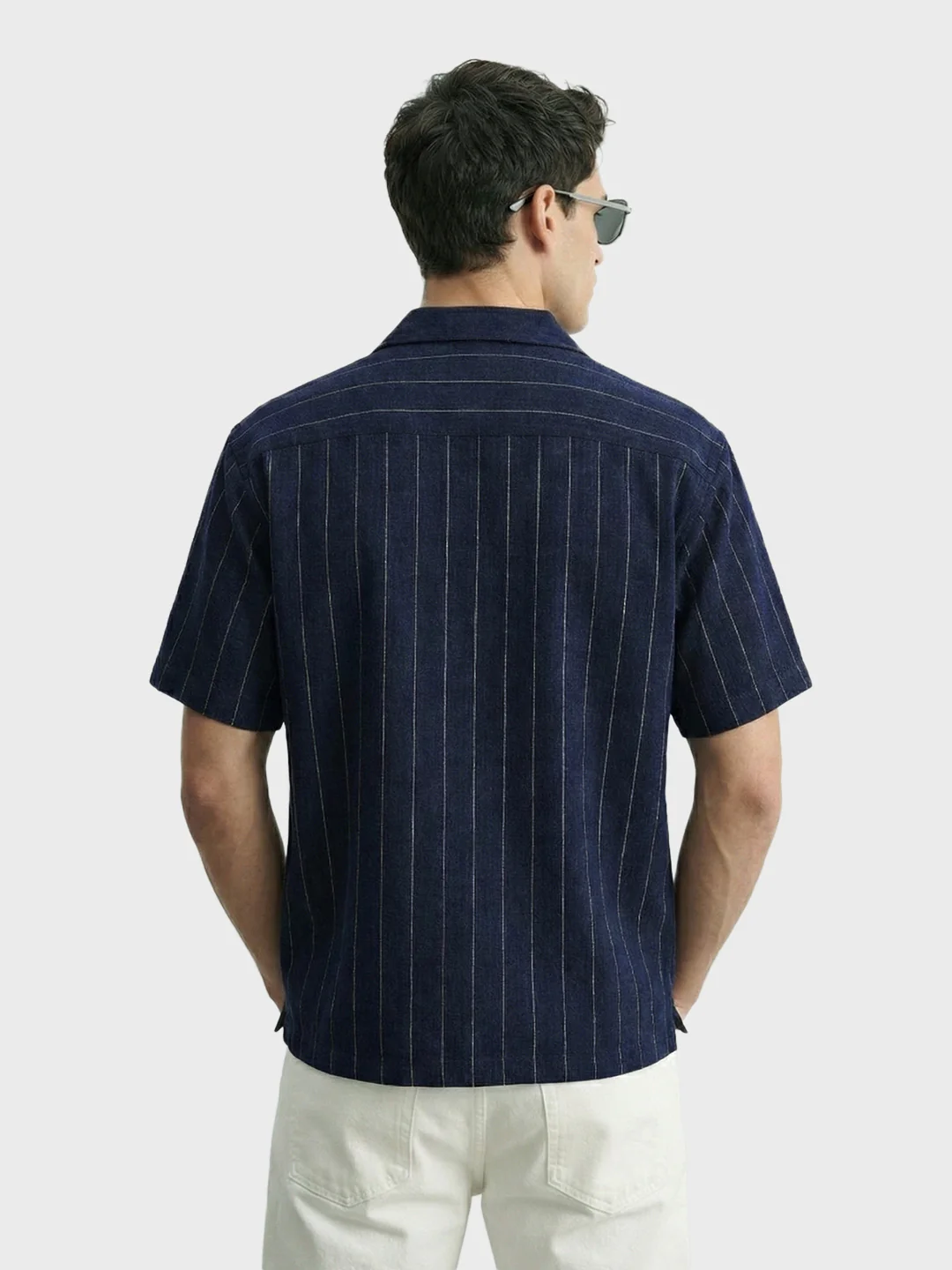 Men's Navy Blue Boxy Fit Embroided Casual Shirt - Image 4