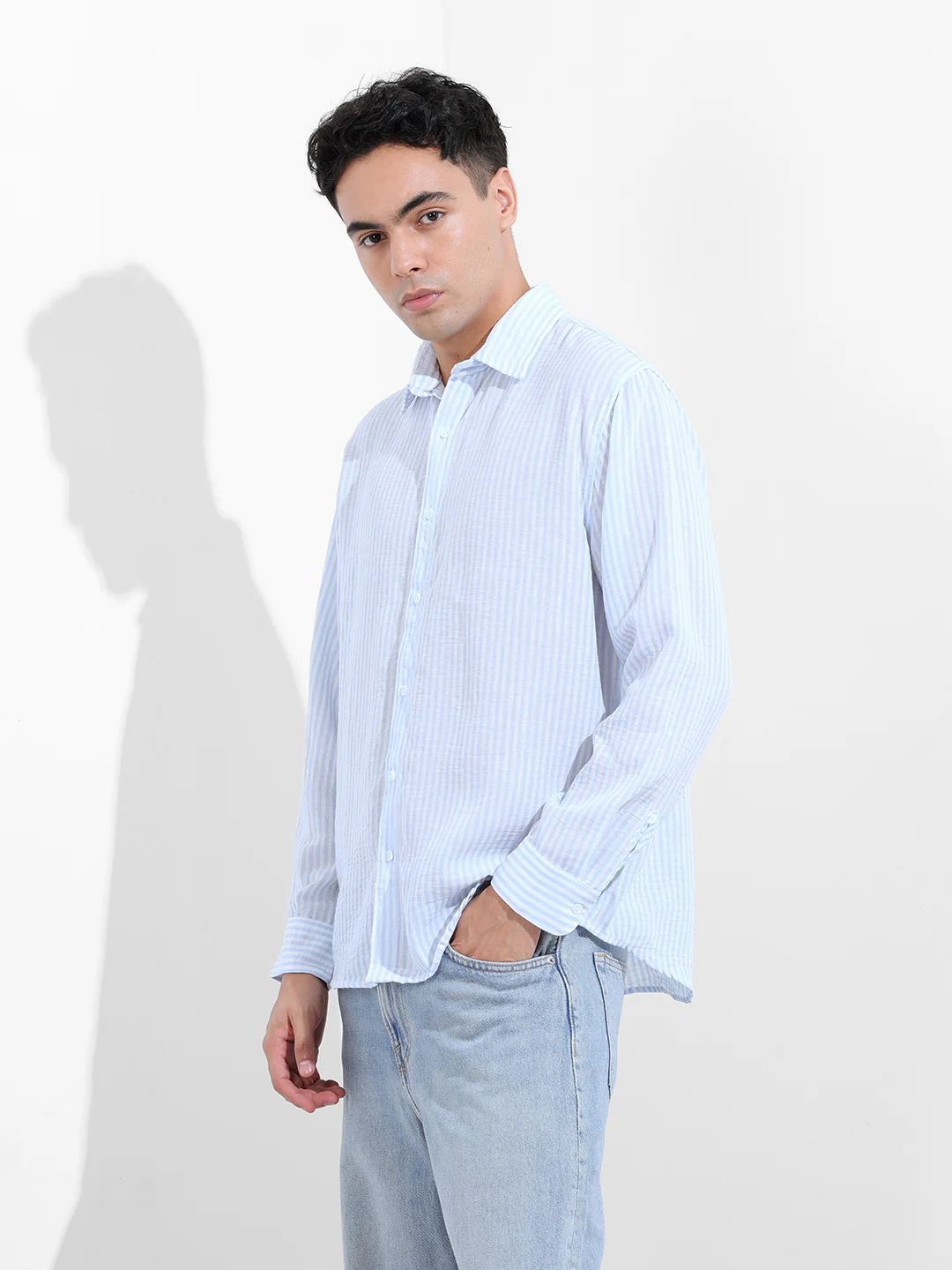 Men's Blue Relaxed Fit Striped Casual Shirt - Image 4