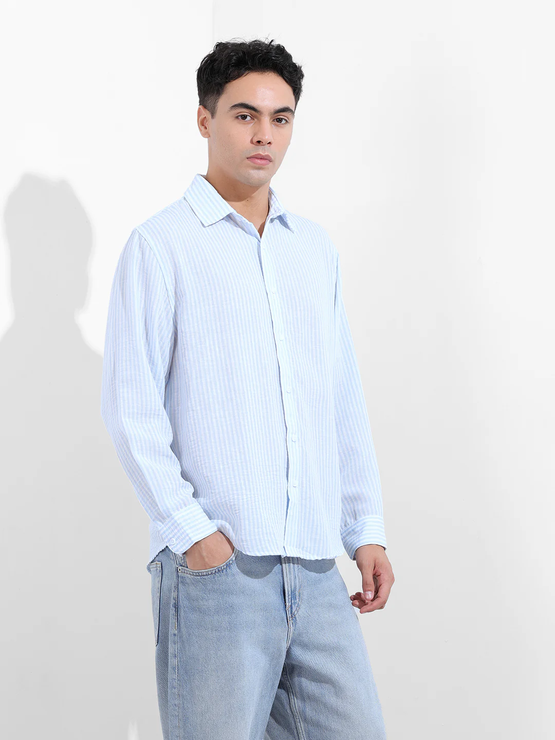 Men's Blue Relaxed Fit Striped Casual Shirt - Image 5