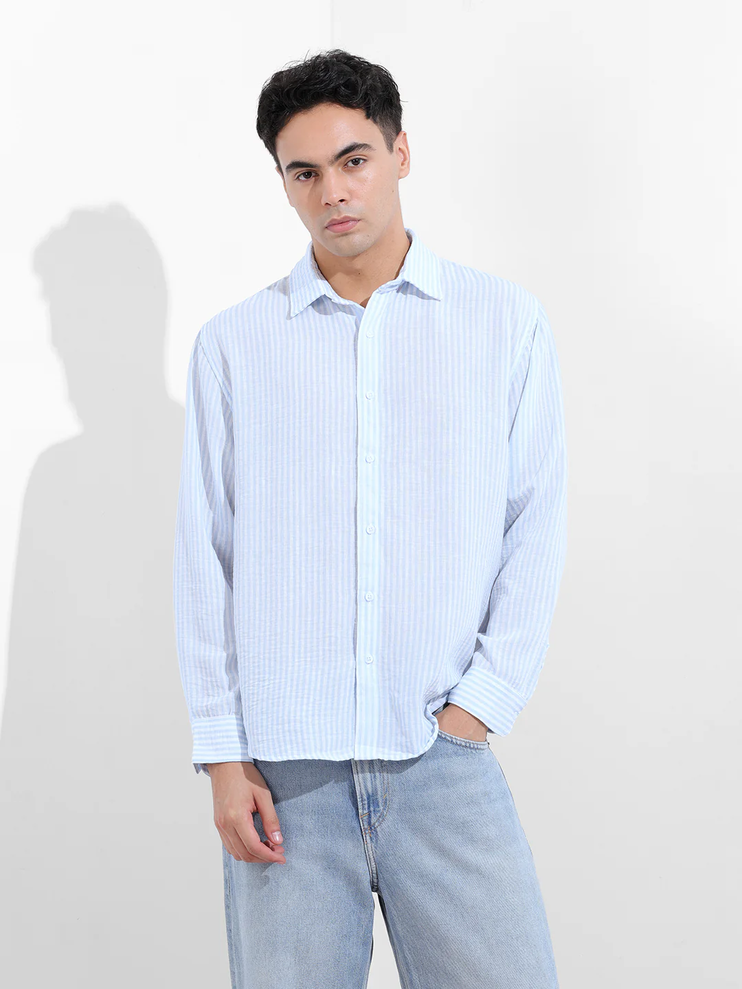 Men's Blue Relaxed Fit Striped Casual Shirt - Image 8