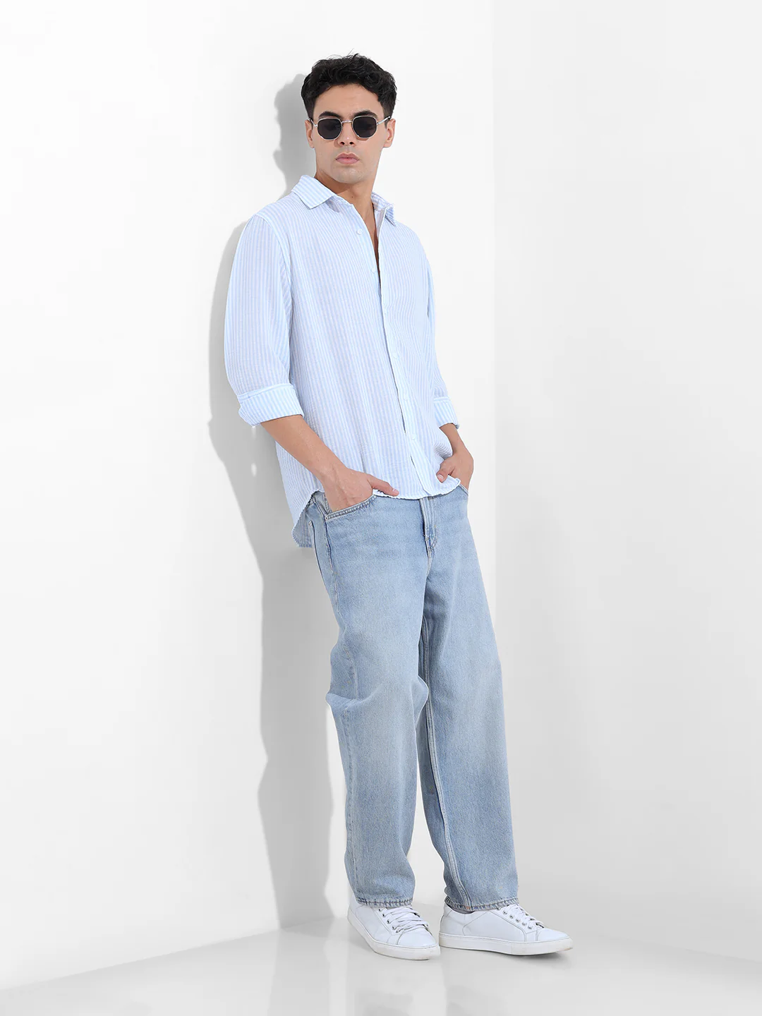 Men's Blue Relaxed Fit Striped Casual Shirt - Image 9